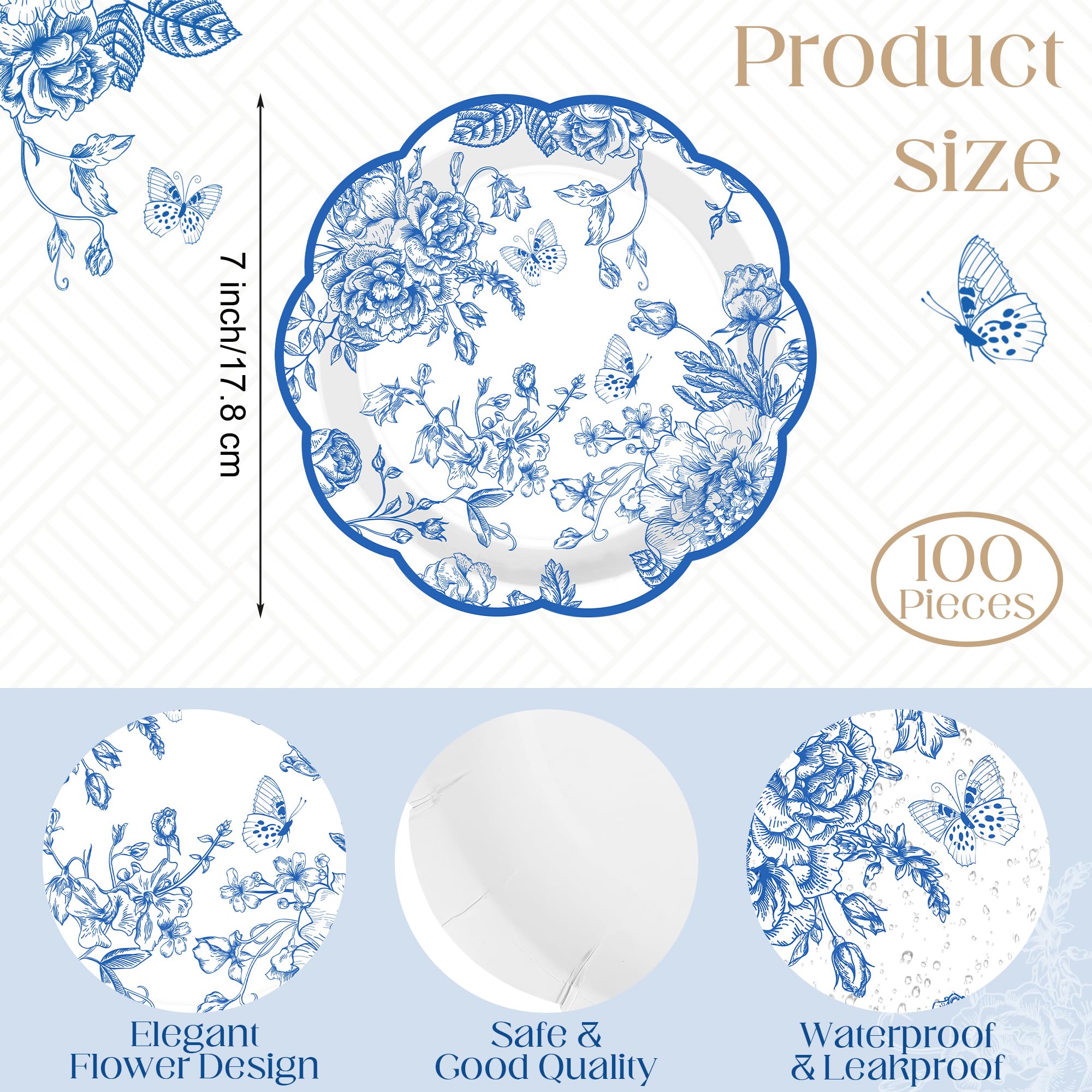 Kochorie 100 Pieces Blue Flower Paper Plates 7 Inches Disposable Floral Paper Plates Scalloped Blue Chinoiserie Vintage Flower D