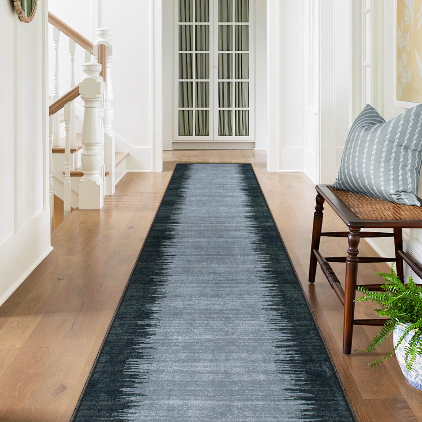 Lahome Modern Carpet Runners for Hallway 12ft, Washable Non Slip Ultra-Thin Runner, Black Print Stain Resistant Home Decor for K