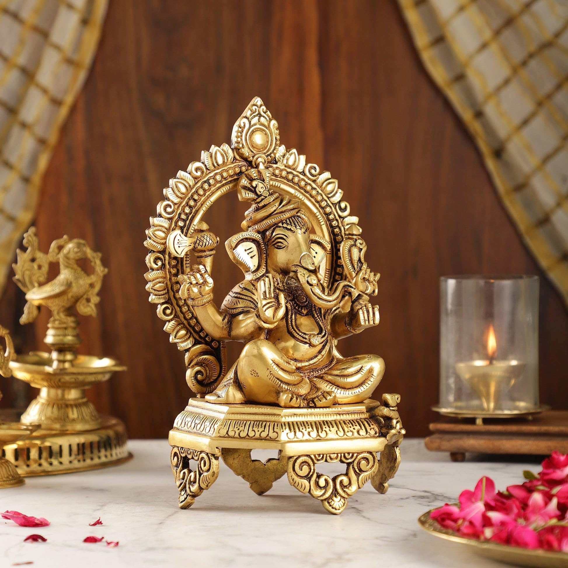 Brass Ganesha Statue With Mosaic, 26 Cm Brass Ganesh Statue, Ganpati Idol, Good Luck Gift For New Beginnings, House Warming Gift