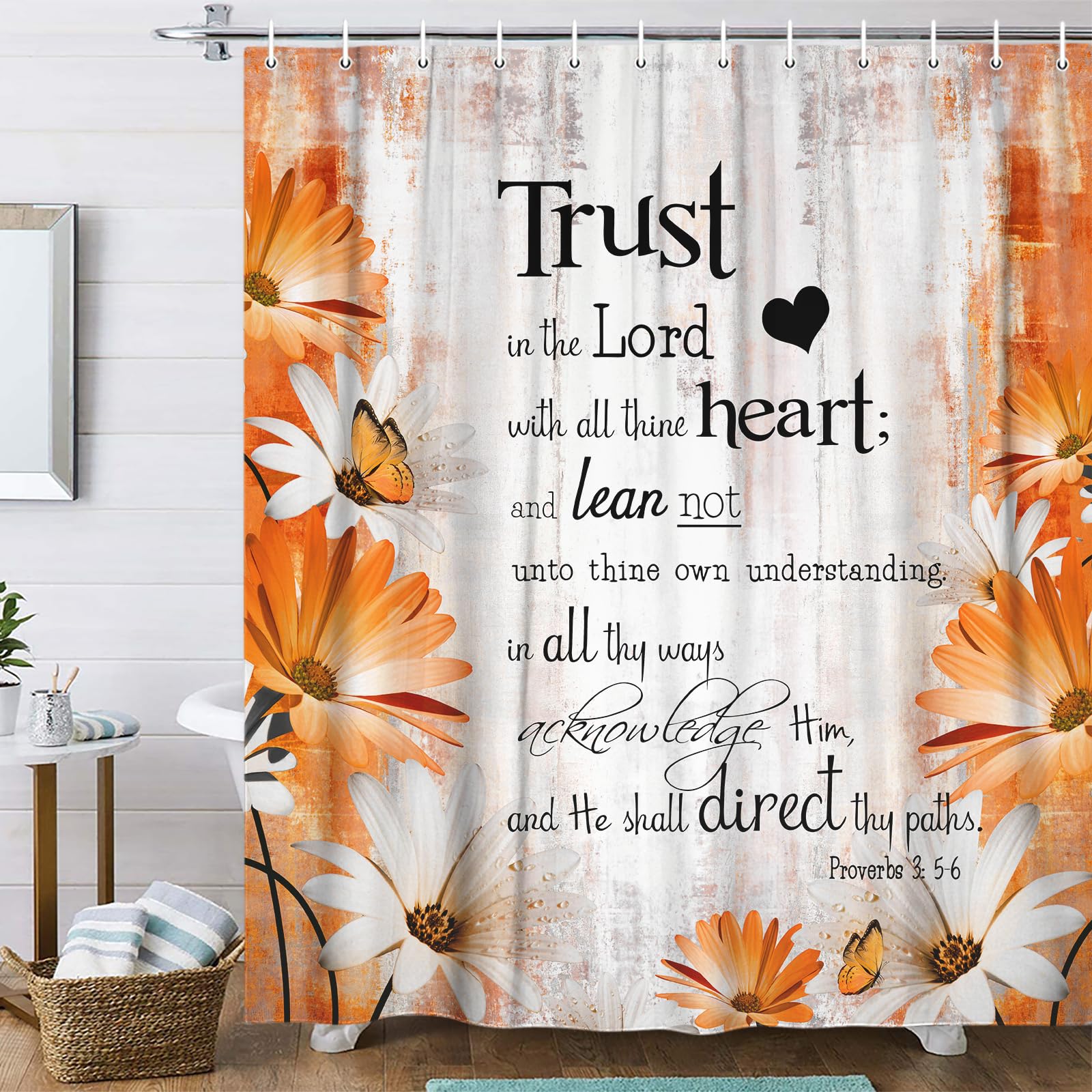 Rustic Farmhouse Orange Shower Curtain Bible Verse Inspirational Shower Curtain Country Farm Yellow Fall Daisy Flowers Butterfly