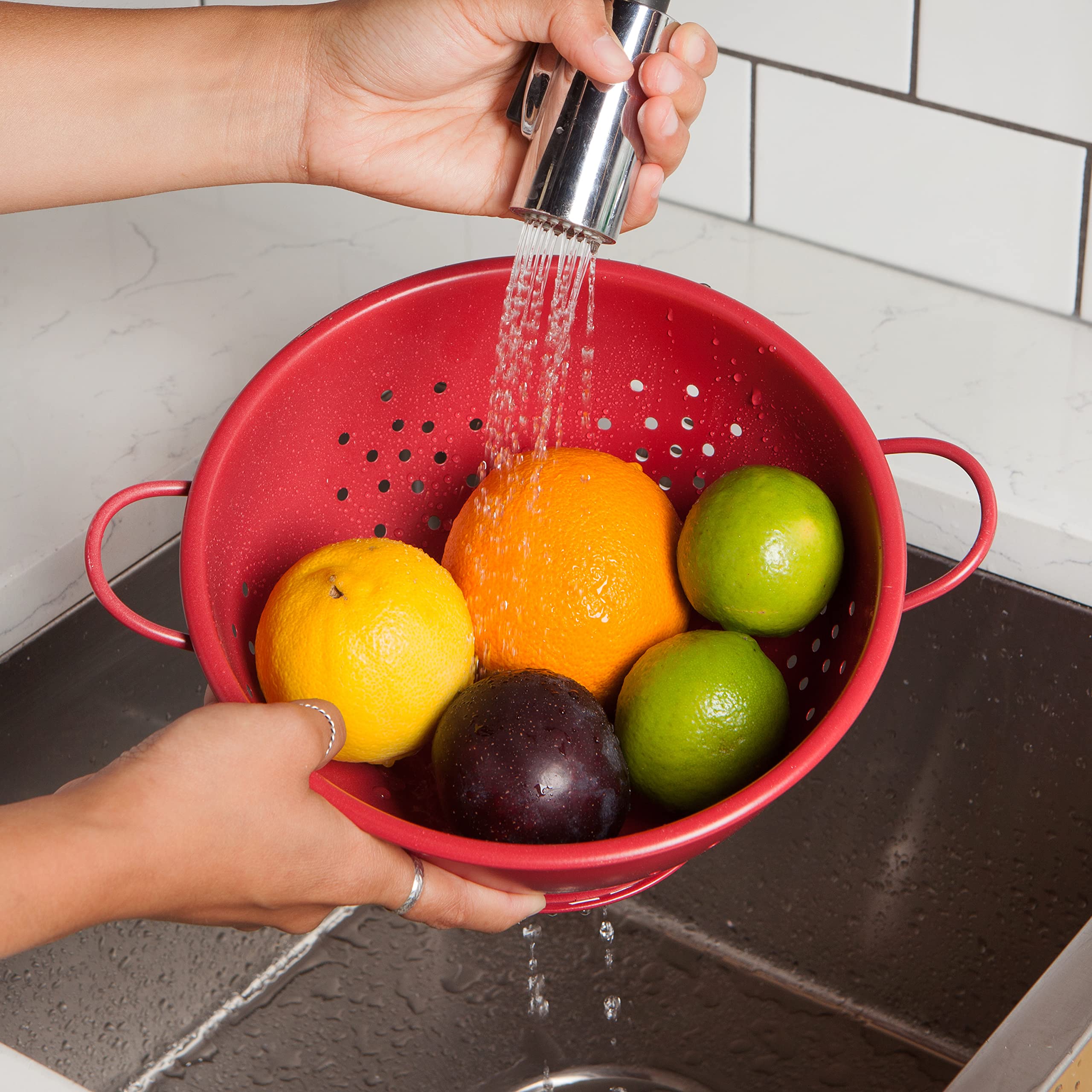 Now Designs Matte Coated Metal Colander Set Medium And Small, Set Of 2, Red