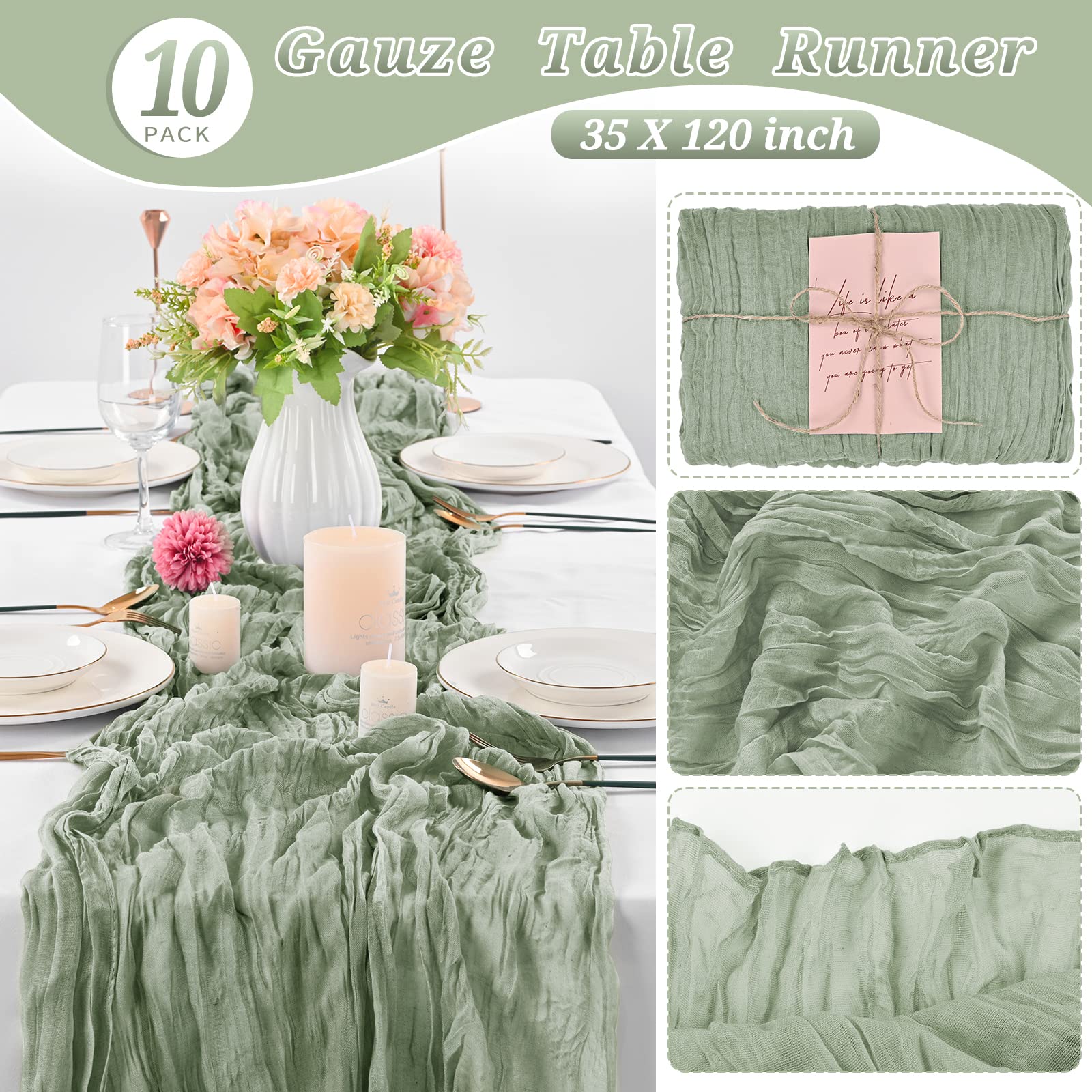 10 Pcs Sage Green Cheesecloth Table Runner 10Ft, Gauze Table Runner For Wedding Reception Sheer Bridal Shower Birthday Party Boh