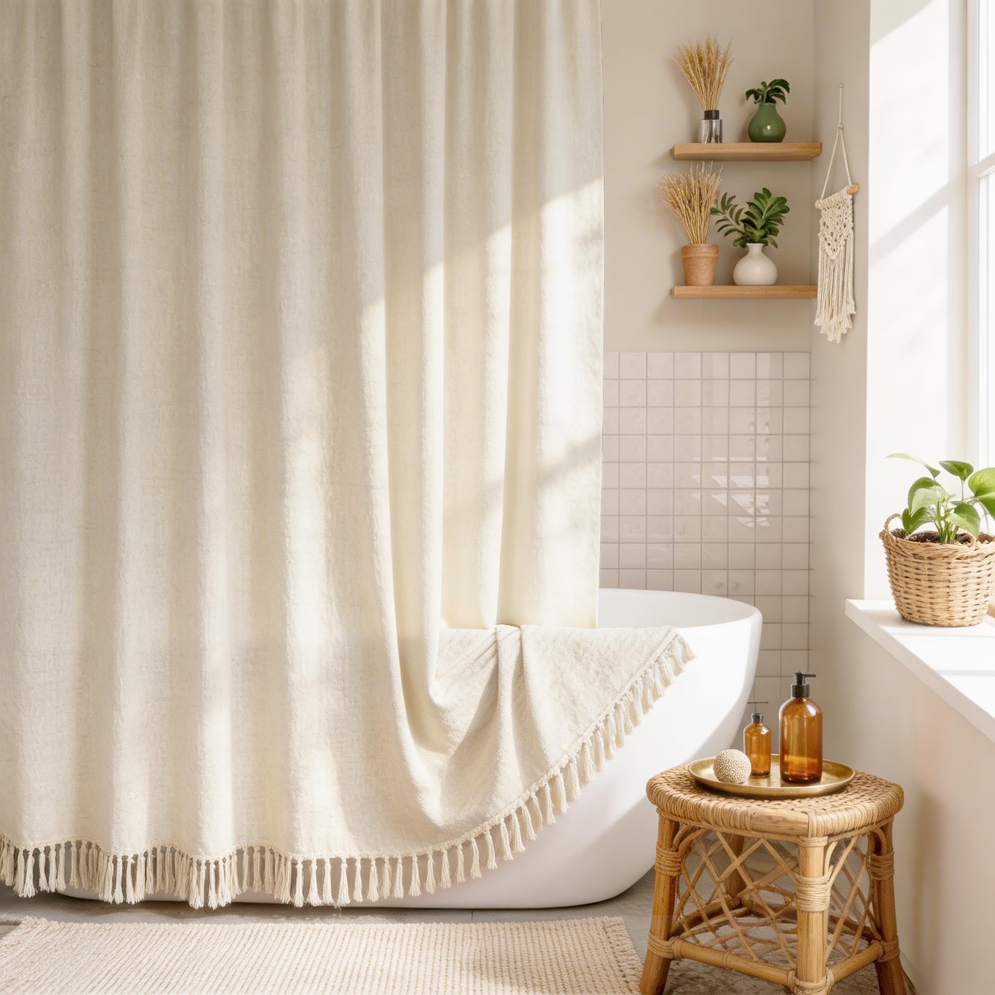 Xoguibo Tassel Linen Shower Curtain Flax Cream, Fabric Boho Farmhouse Shower Curtains For Bathroom Cotton Natural Cloth Liner Se