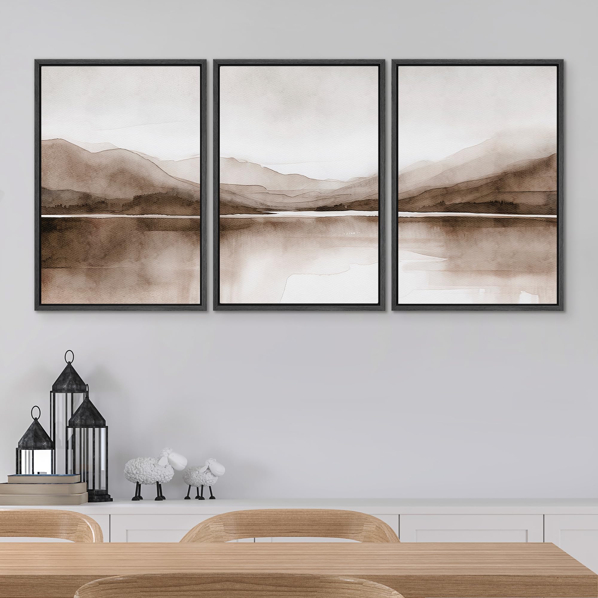 Signwin Framed Canvas Print Wall Art Mountain Landscape Modern Minimalist Brown And Gray Watercolor Nature Wilderness Modern Art