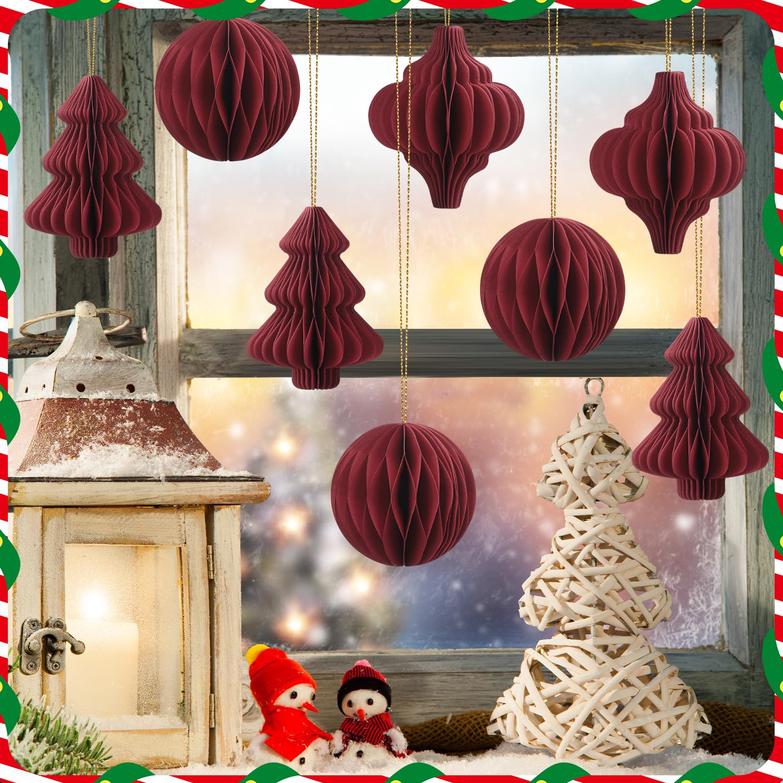 15 Pcs Burgundy Christmas Tree Decorations 3D Mini Paper Honeycomb Lantern Hanging Ornaments for Christmas Tree Xmas Party New Y
