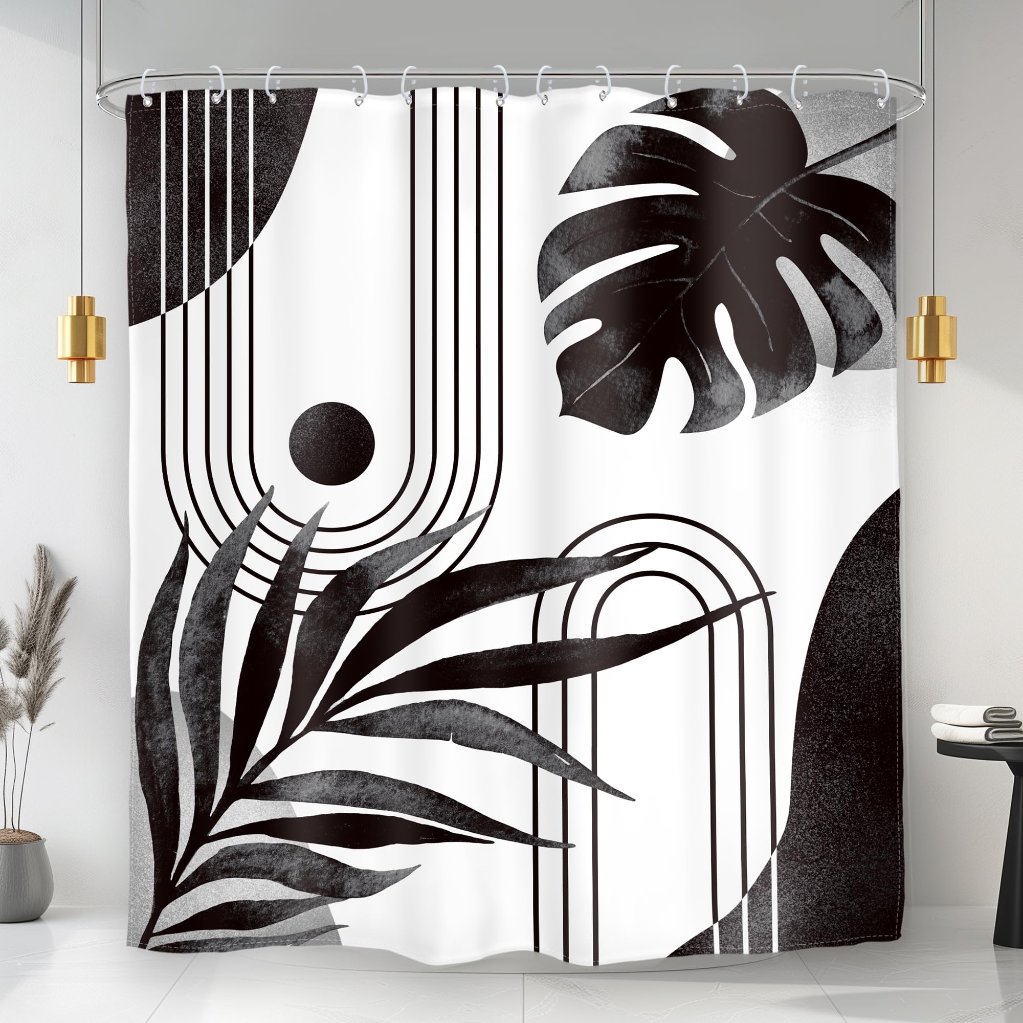 Glawry Boho Black White Shower Curtain Mid Century Abstract Tropical Palm Leaf Modern Minimalist Plant Botanical Bathroom Geomet