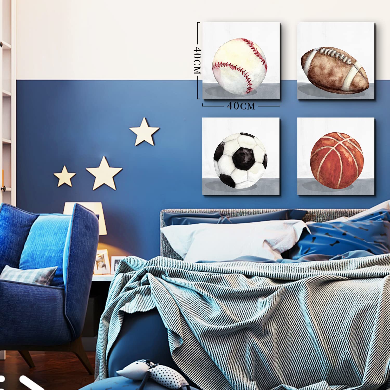 Sports Wall Art Boys Room Wall Decor Rustic Basketball Football Pictures Kids Bedroom Baseball Soccer Posters Balls Painting Can