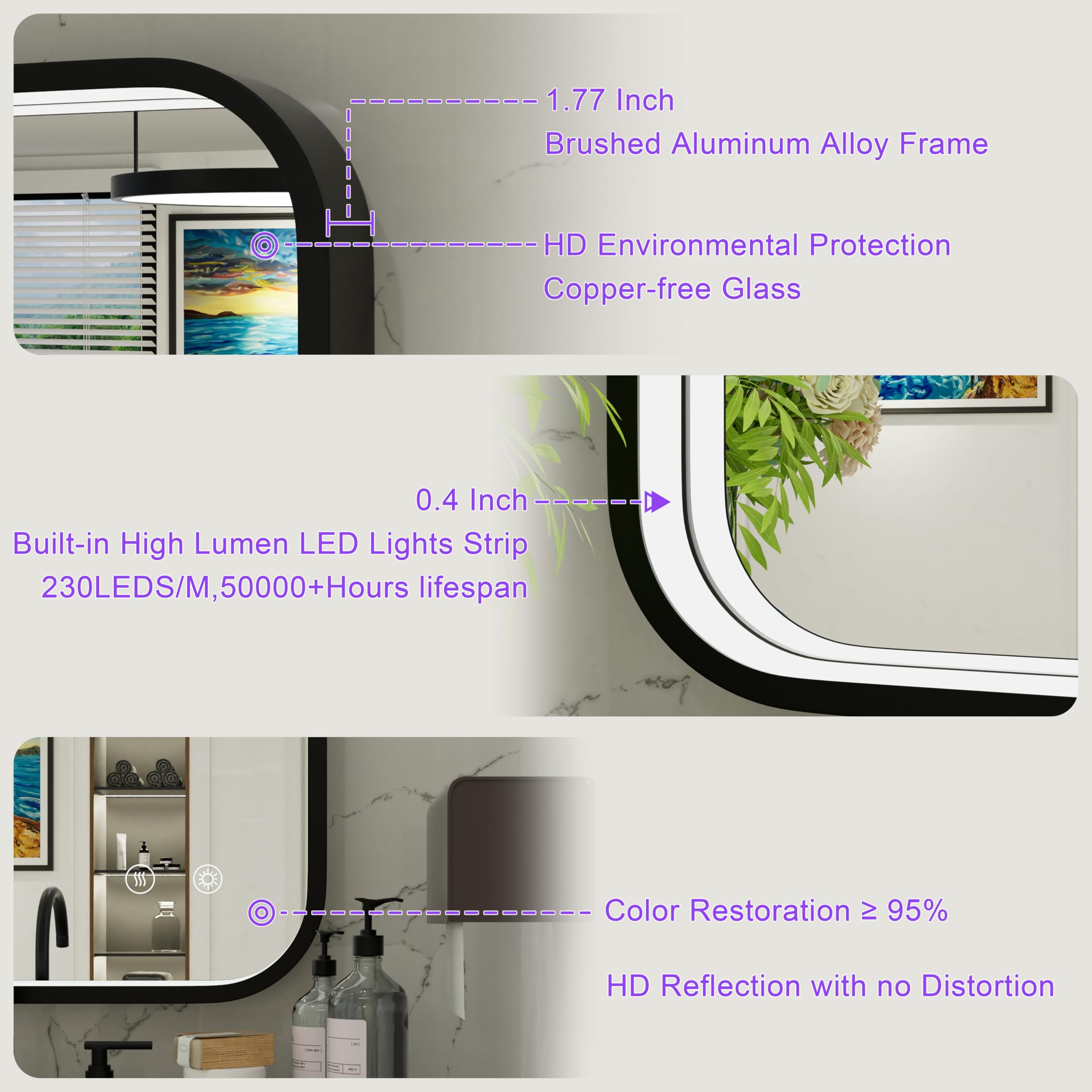 Jsneijder 24X36 Inch Led Bathroom Mirror With Black Frame, Wall Mounted Lighted Mirror For Bathroom, Stepless Dimmable Anti-Fog