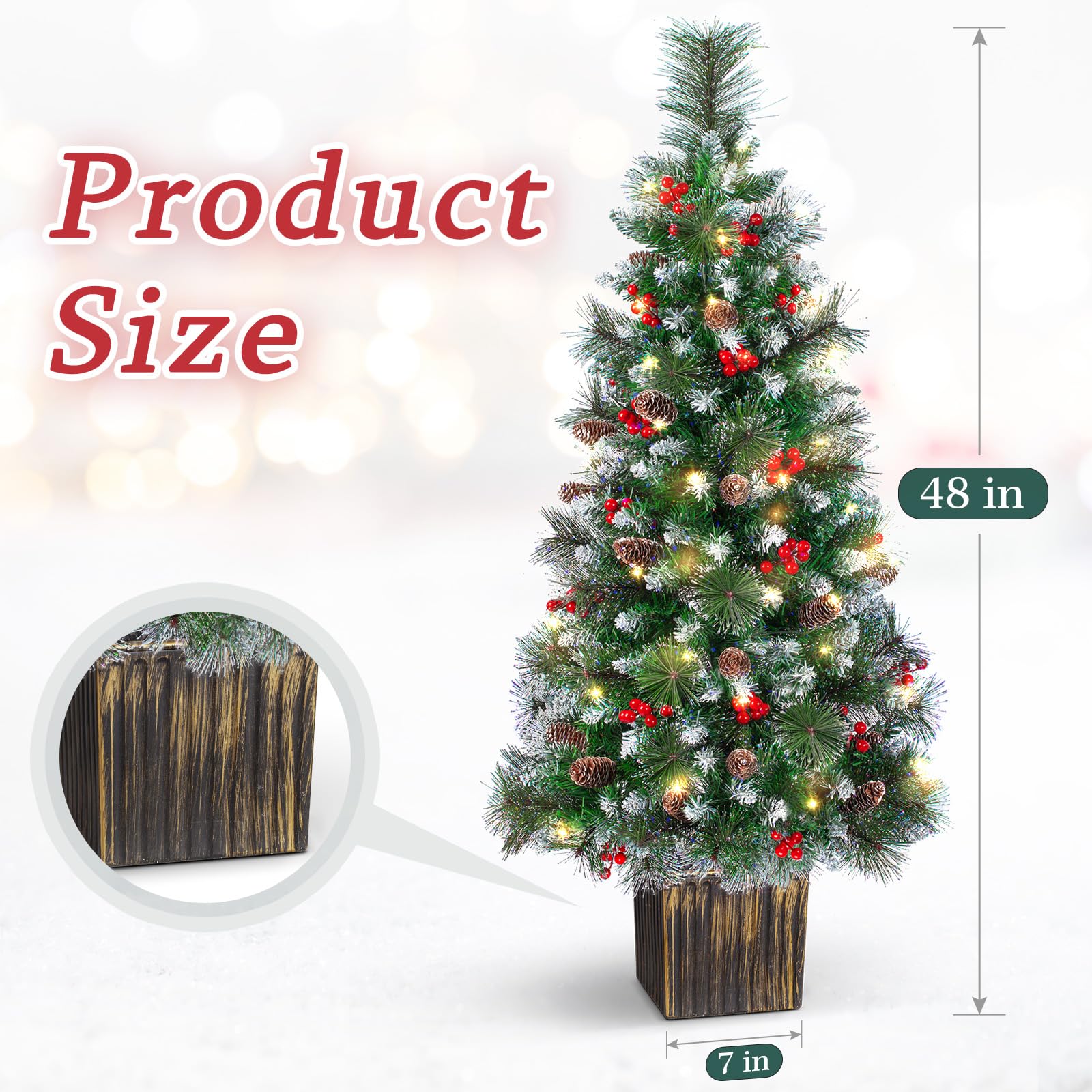 LAVEVE 4FT Outdoor Christmas Tree with Lights in Vintage Potted Base, Battery Operated Xmas Tree with Snow-Touched Branches, 100