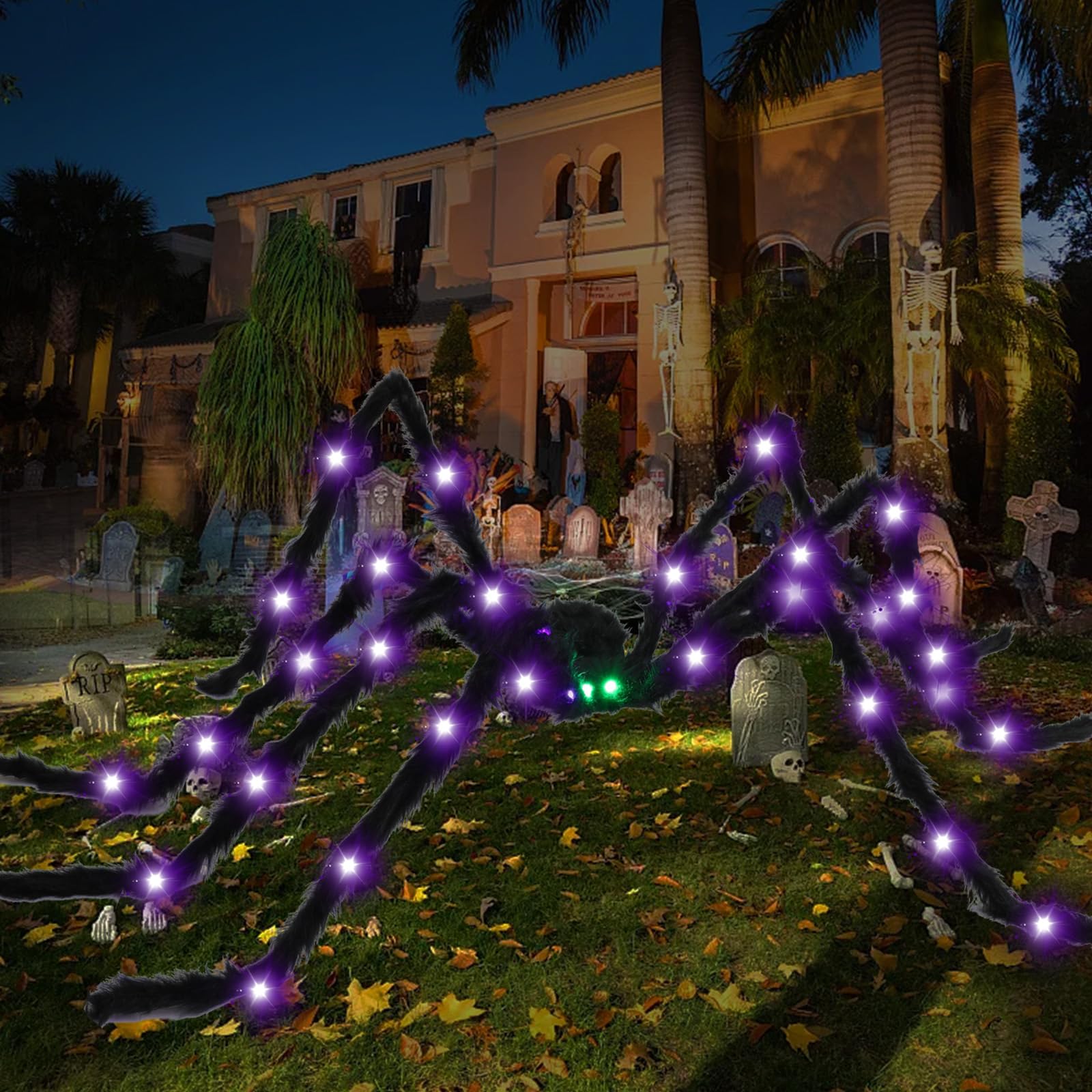 BEIGUO 6.6Ft Halloween Light Up Giant Spider,Scary Large Hairy Spider with Green Lighted Eyes for Yard Lawn Halloween Outdoor De