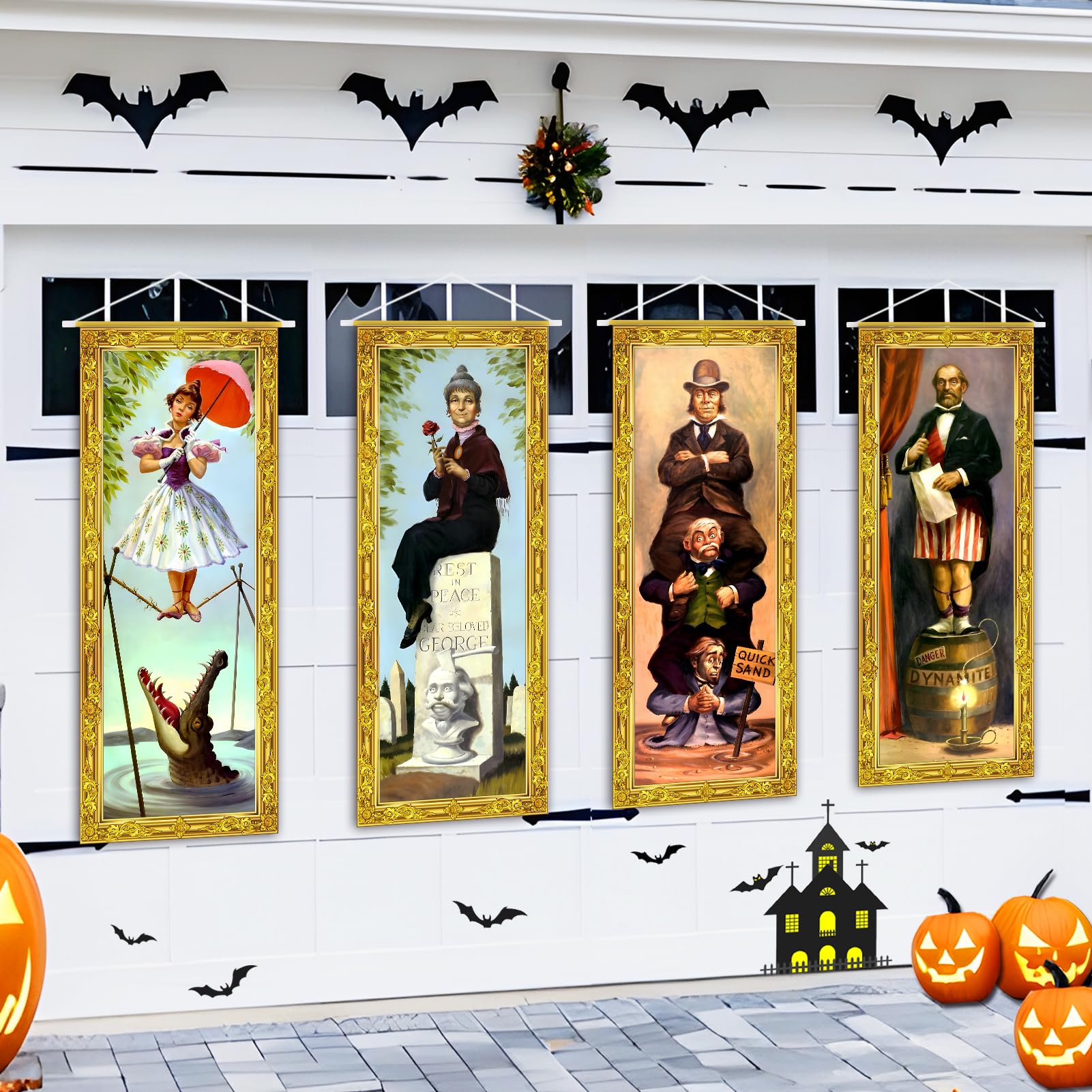 Halloween Decorations Large 4 PCS Haunted Mansion Stretching Portraits Vintage Vinyl Backdrop Decor Outdoor Horror Poster for In