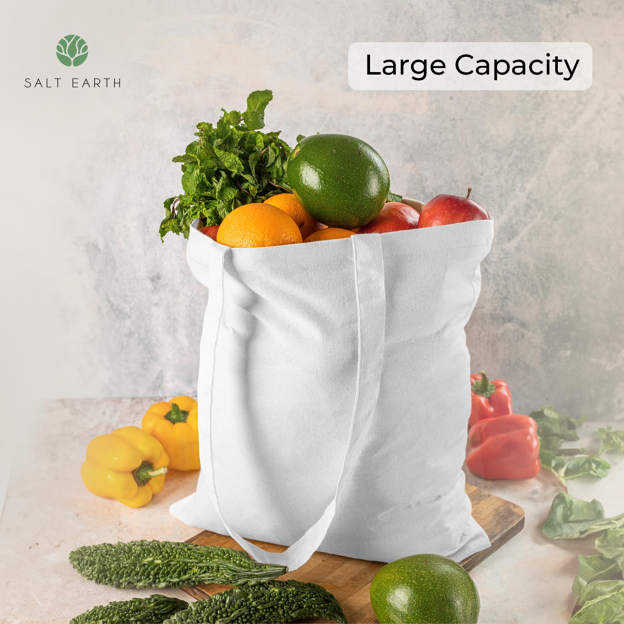 Salt Earth Pack of 5 | 6 | 12 | 24 | 48 - 100% Cotton Reusable Tote Bags - Bulk Grocery, Shopping, DIY, Beach & Gift Use (White)