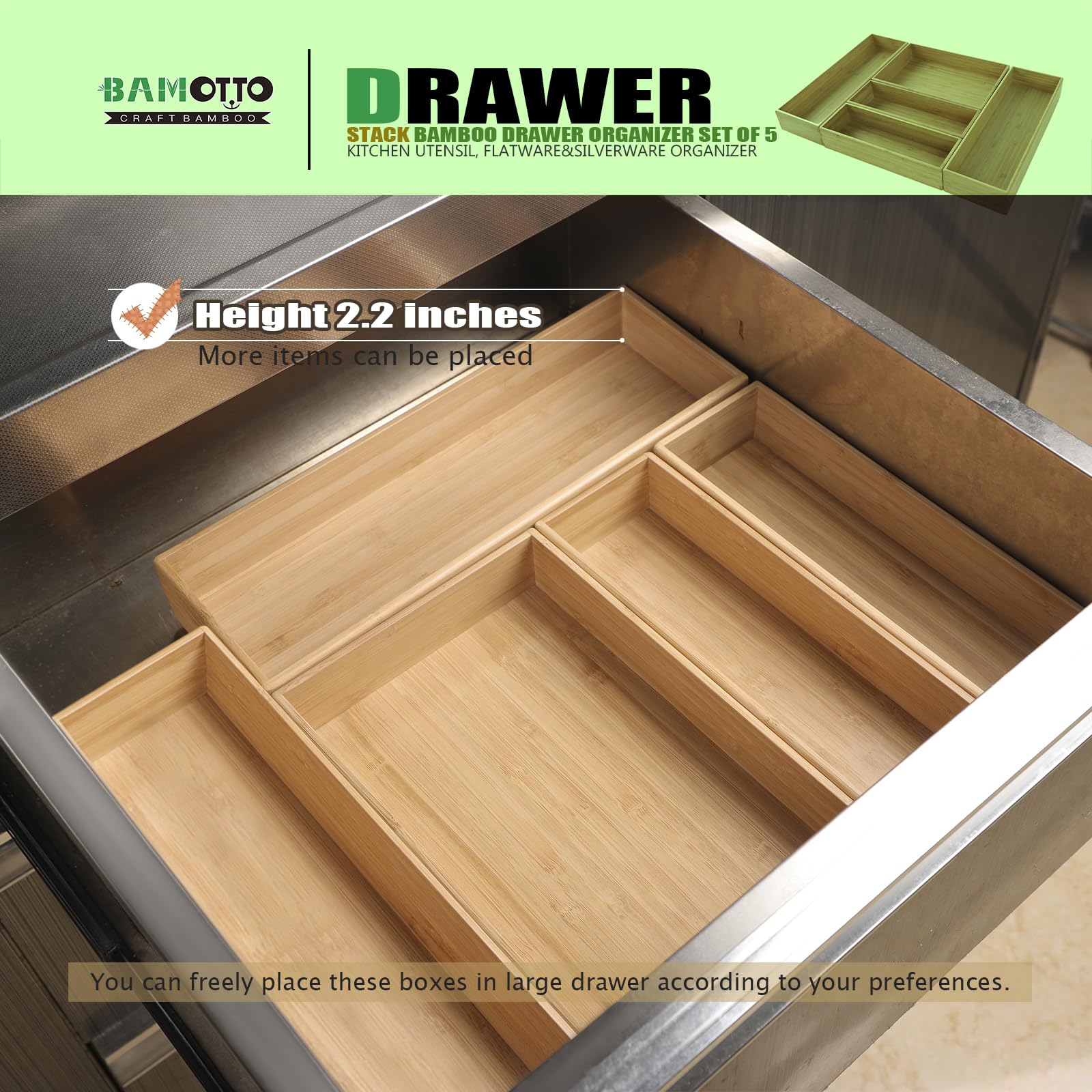Bamotto Stack Bamboo Drawer Organizer Set Of 5, Kitchen Utensil, Flatware&Silverware Organizer-Wood Laminated Stackable Drawer O