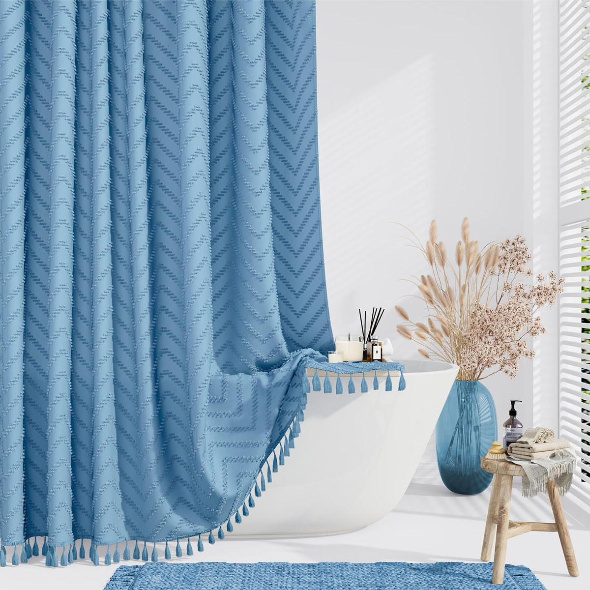 Dynamene Boho Farmhouse Shower Curtain, Moonlight Blue Fabric Tufted Chevron Striped Textured Tassel Shower Curtains For Bathroo