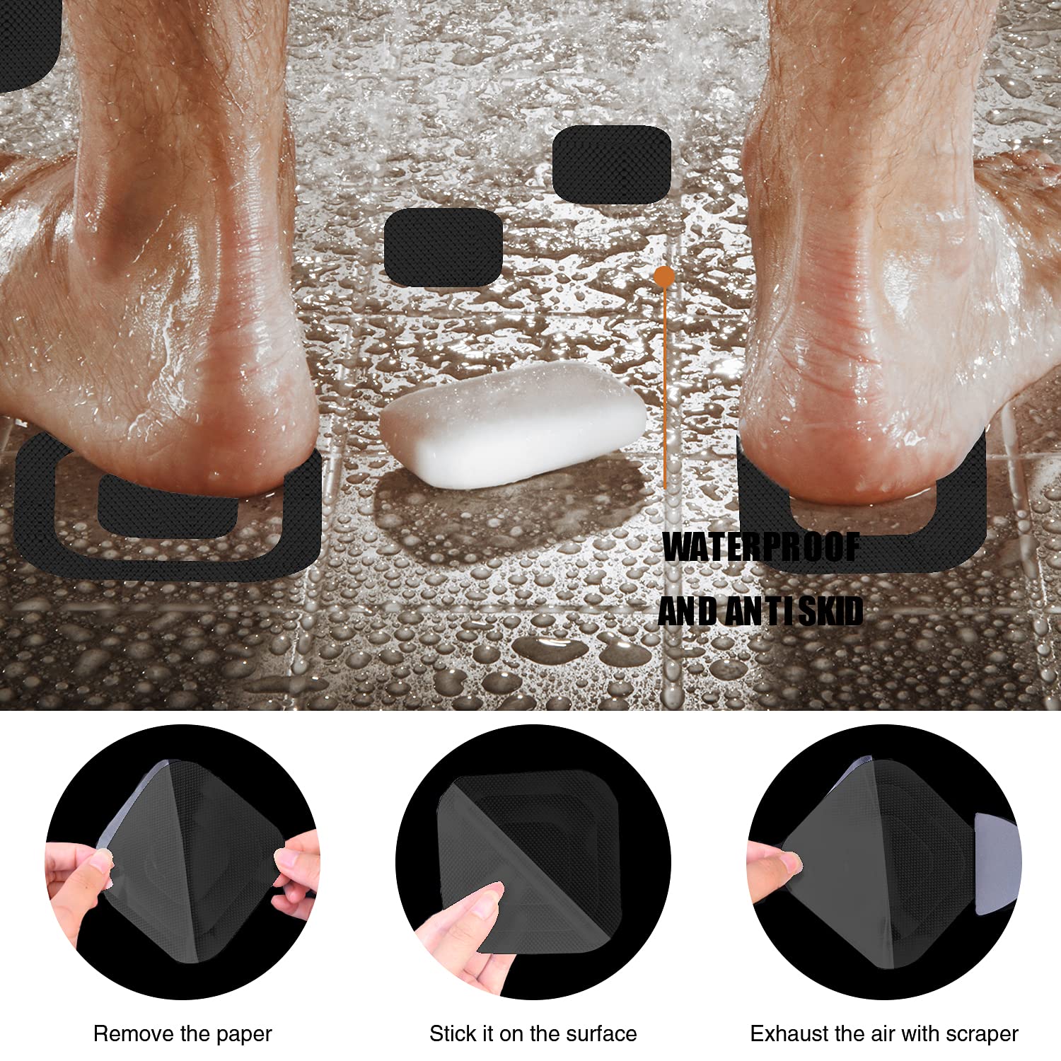 Secopad Non-Slip Bathtub Stickers, 72 Pcs Safety Bathroom Tubs Showers Treads Adhesive Decals Scraper (Black)