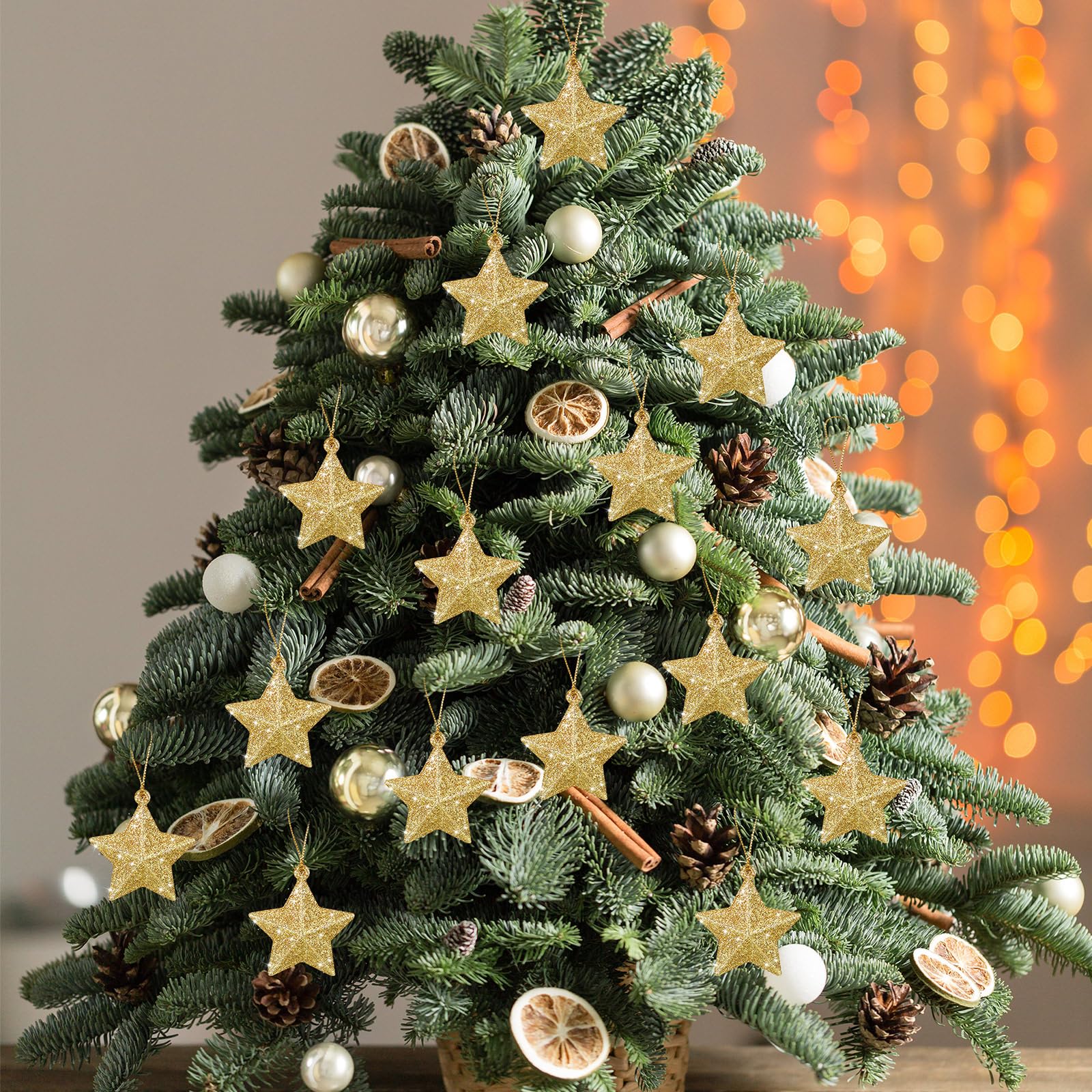 Shappy 48 Pcs Glitter Star Ornaments Christmas Tree Mini Hanging Stars Christmas Decorations Plastic Festive Embellishments for