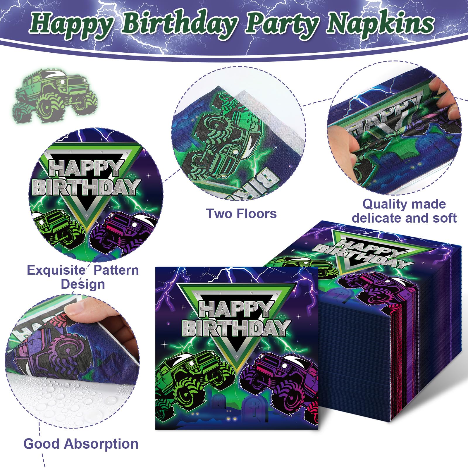 96 Pcs Monster Truck Party Supplies Decorations Truck Happy Birthday Party Plates Green Purple Monster Truck Tableware And Napki
