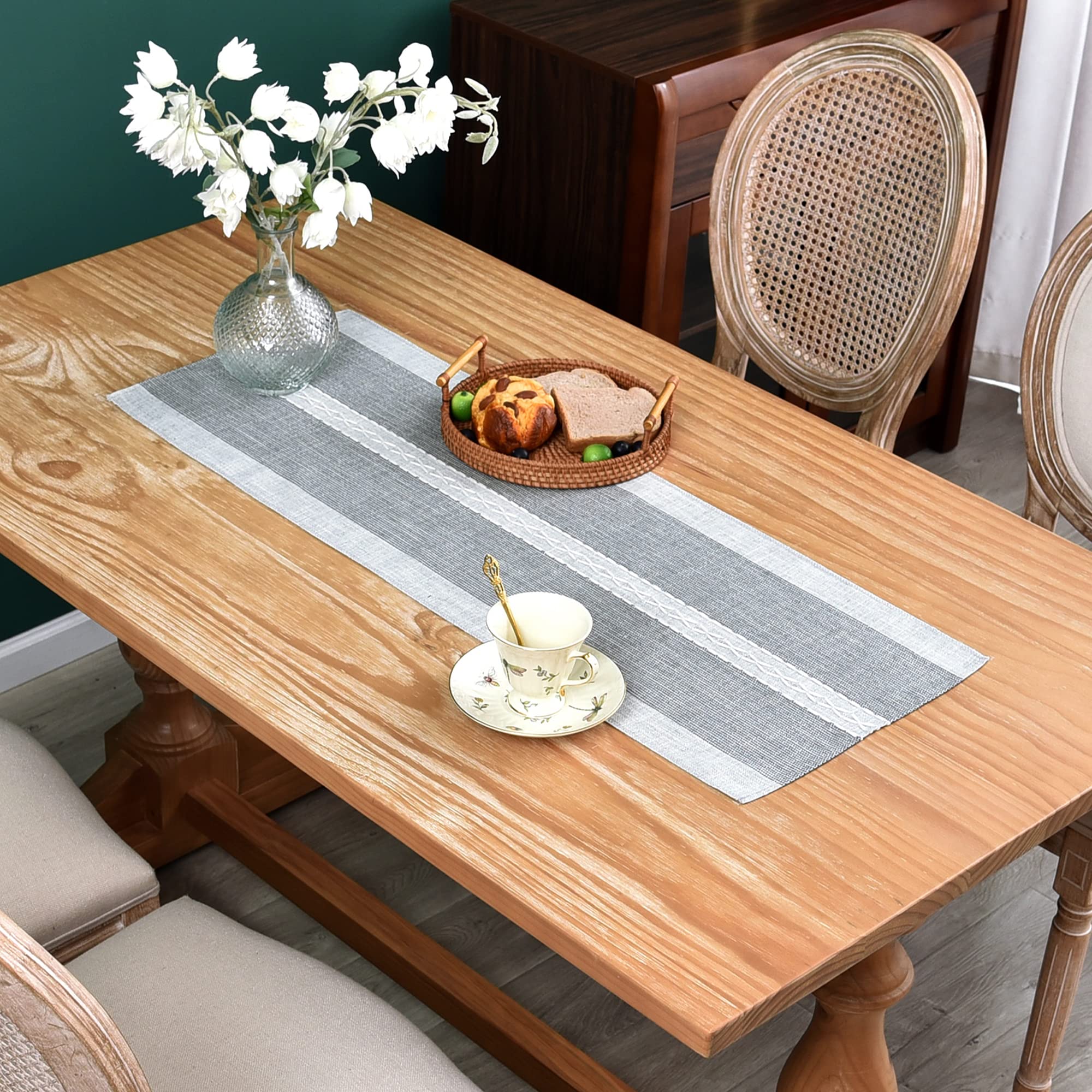 Farmhouse Braided Striped Table Runner Rustic Embroidery Coffee Table Runners For Decorations Weddings Holiday Grey 13X36Inch