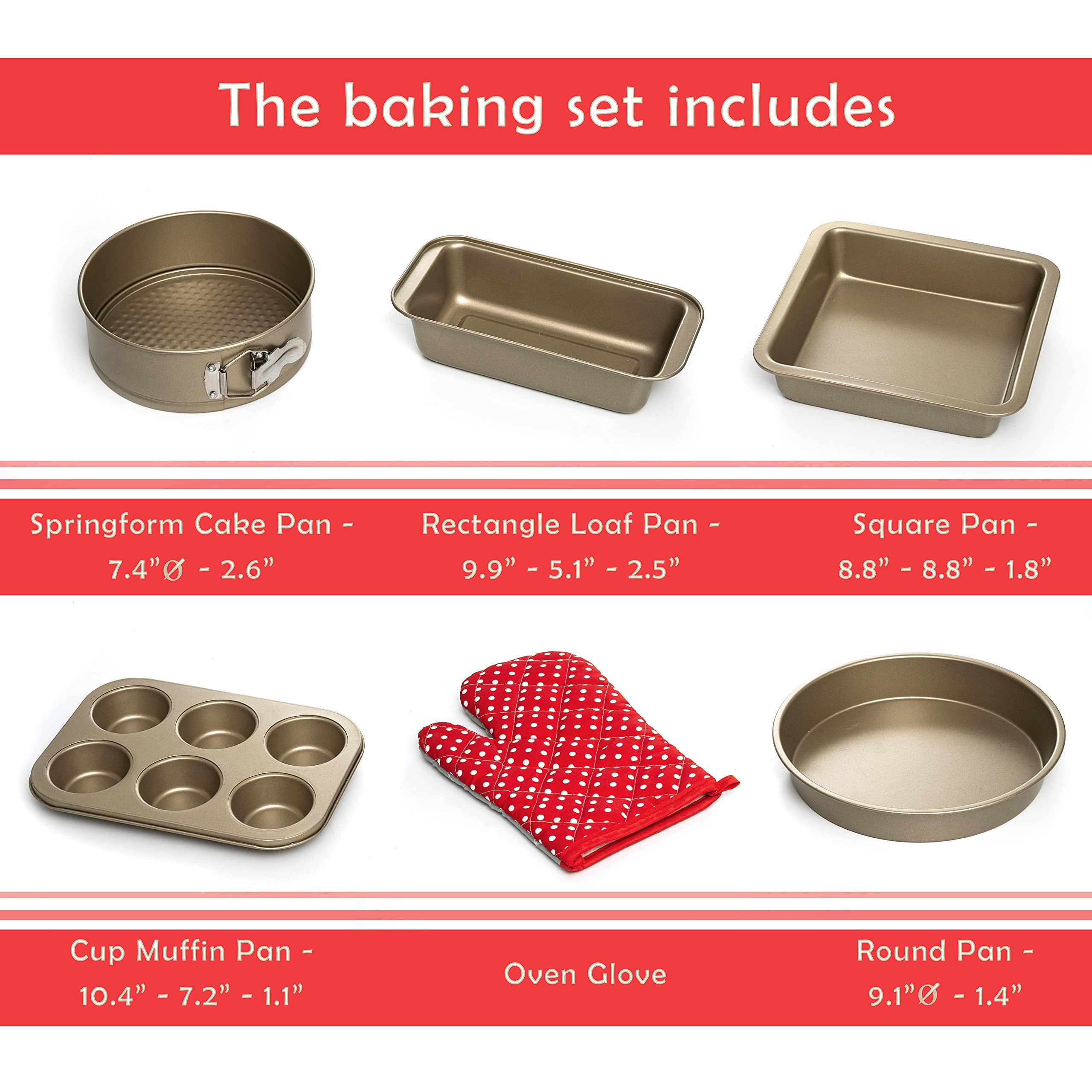 Moss & Stone 5 Piece Baking Pans Set, Carbon Steel Non-Stick Ptfe Coating Oven Safe Baking Sheet Set, Bakeware Set With Heat Red