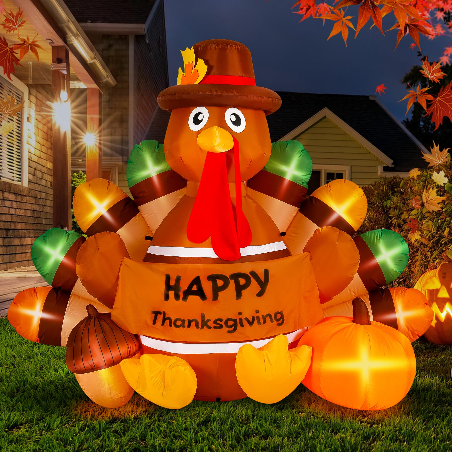 Loninak 6 Ft Thanksgiving Inflatable Decoration, Happy Thanksgiving Turkey Built-in LED Lights, Outdoor Blow Up Yard Fun Decor, 