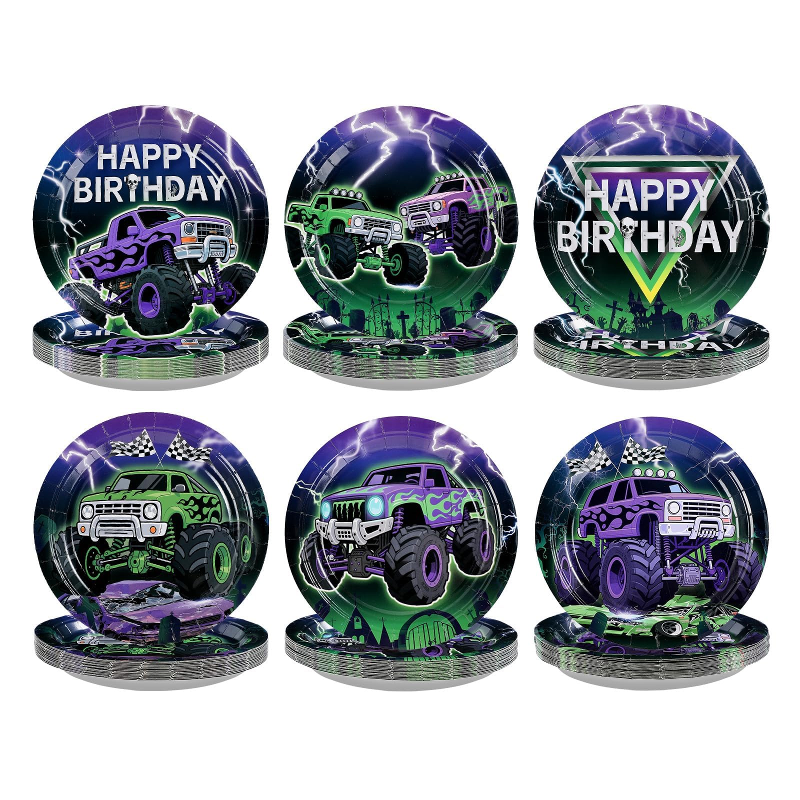 Grencian 60 Pcs Monster Themed Truck Birthday Party Plates 9 Truck Heavy Duty Paper Plates Disposable Tableware for Kids Boys Bi