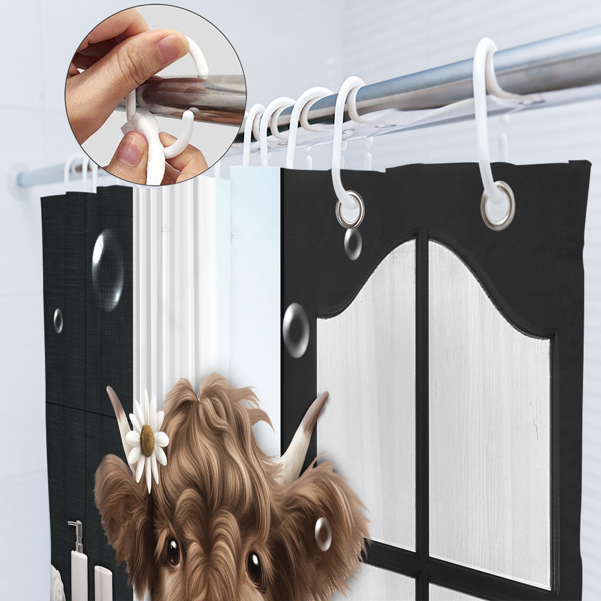 Svbright Funny Highland Cow Shower Curtain 60Wx72L Inch Western Kids Bull Calf Farmhouse Cute Animal Country Black Barn Cattle 1