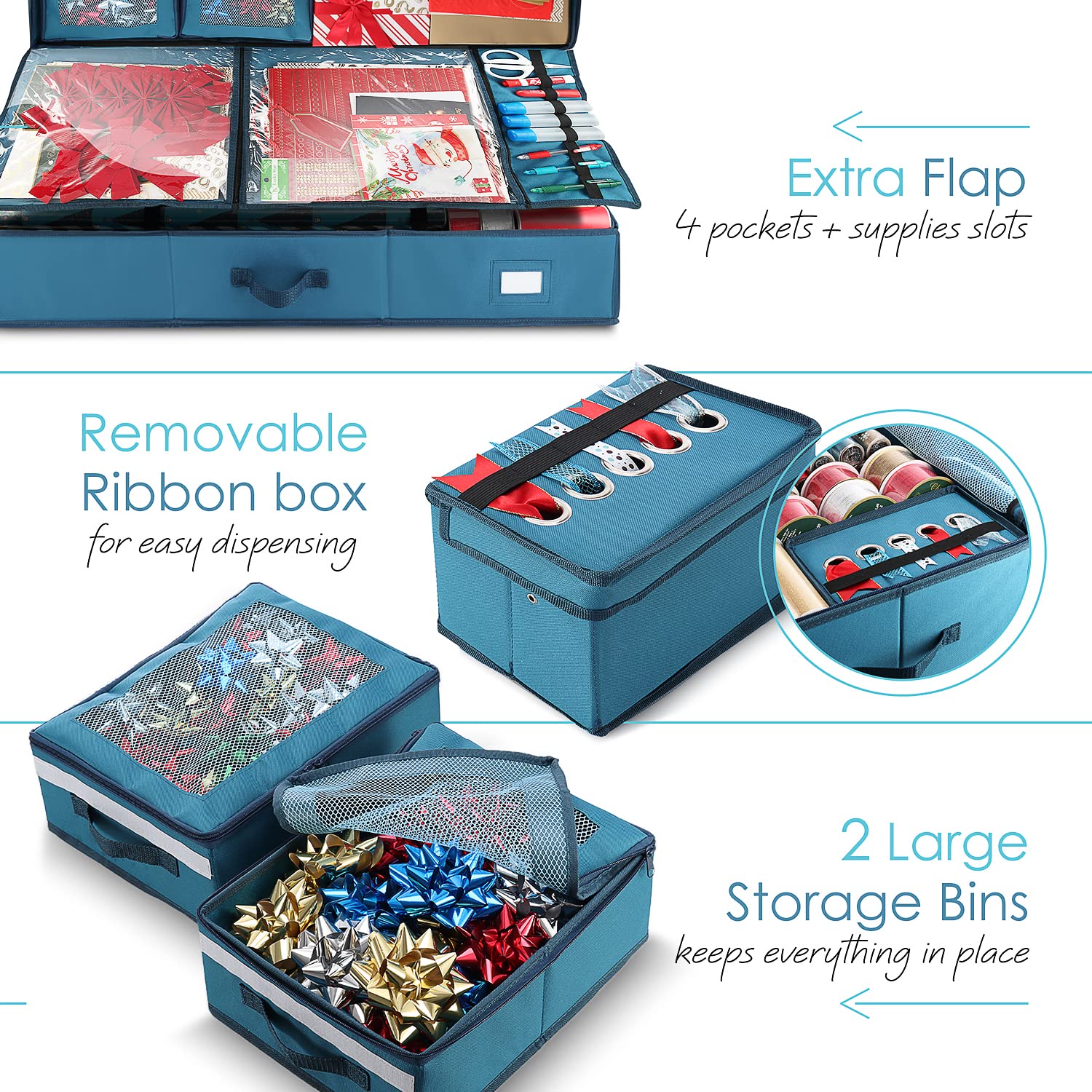 Hearth & Harbor Holiday Storage Bins with Wheels - XL Steel Blue, Fits 30 Rolls, Model VC-HHHS09, Fade Resistant Paper Containers