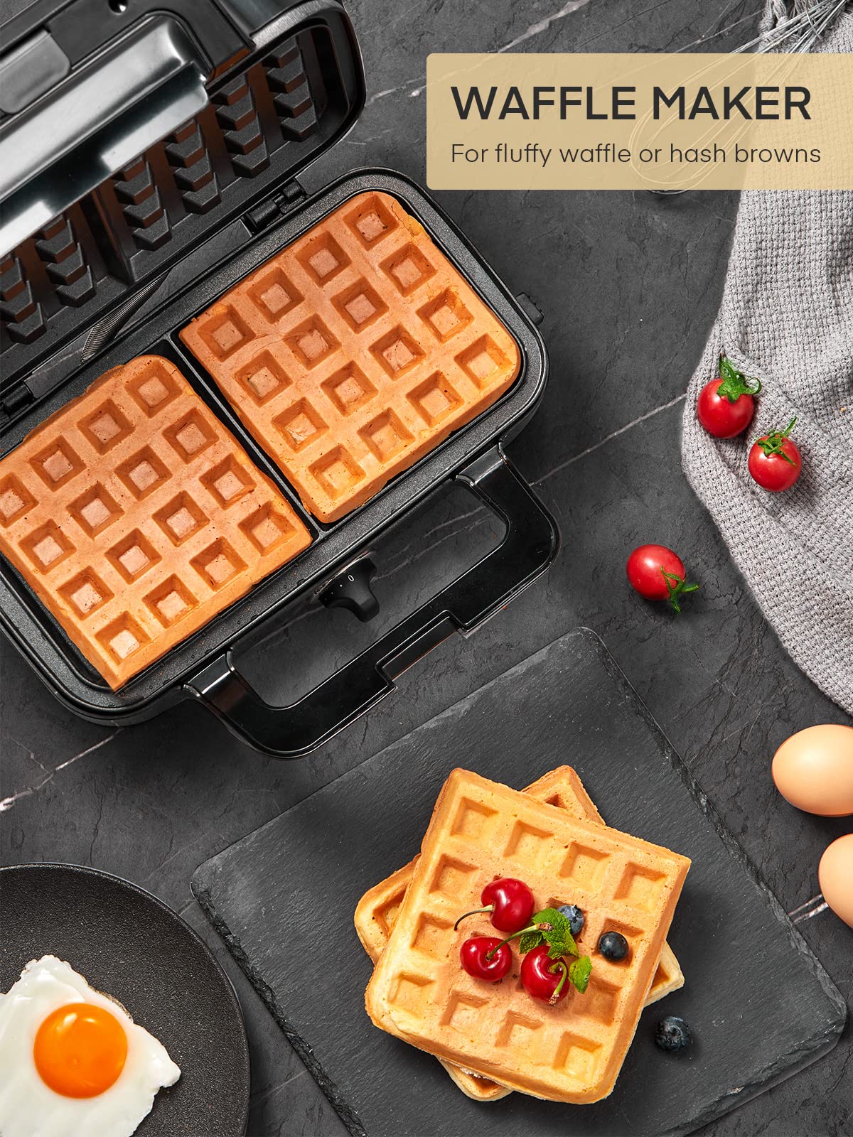 FOHERE 3-in-1 Waffle Maker & Sandwich Press, 1200W, Non-stick, Removable Plates, Silver/Black, Model AN-780