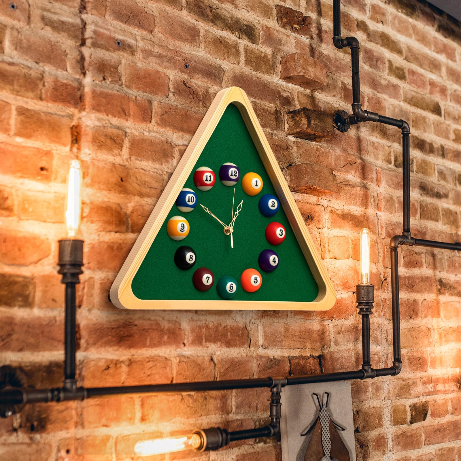 Landical Large Billiard Pool Ball Clock 14 Inch Triangle Pool Table Wall Clock with Solid Wood Frame Snooker Game for Billiards,