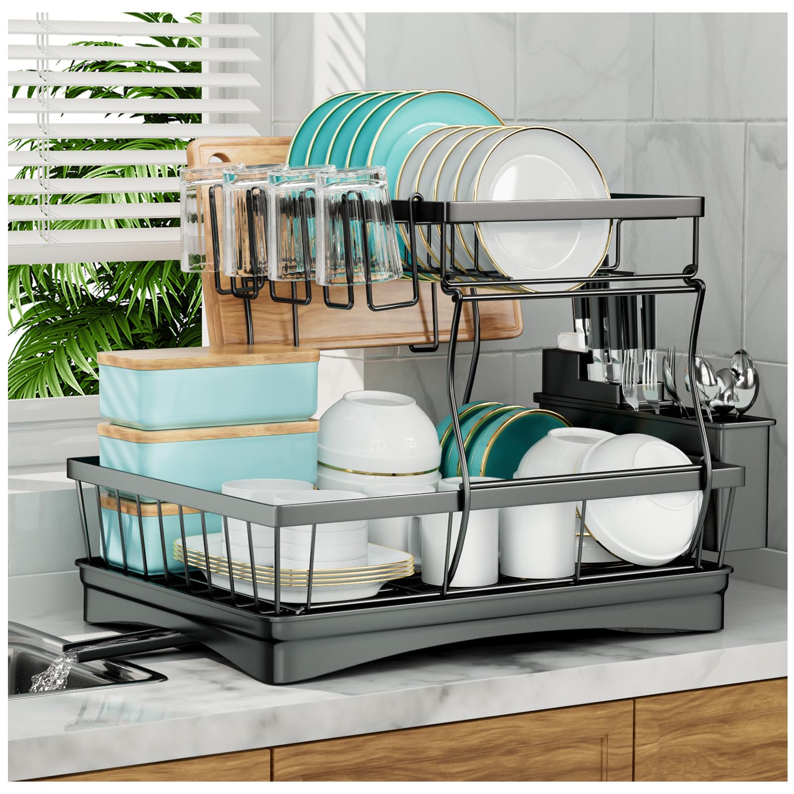 7 Code Large Dish Drying Rack For Kitchen Counter, Detachable Large Capacity Dish Drainer Organizer With Utensil Holder, 2-Tier