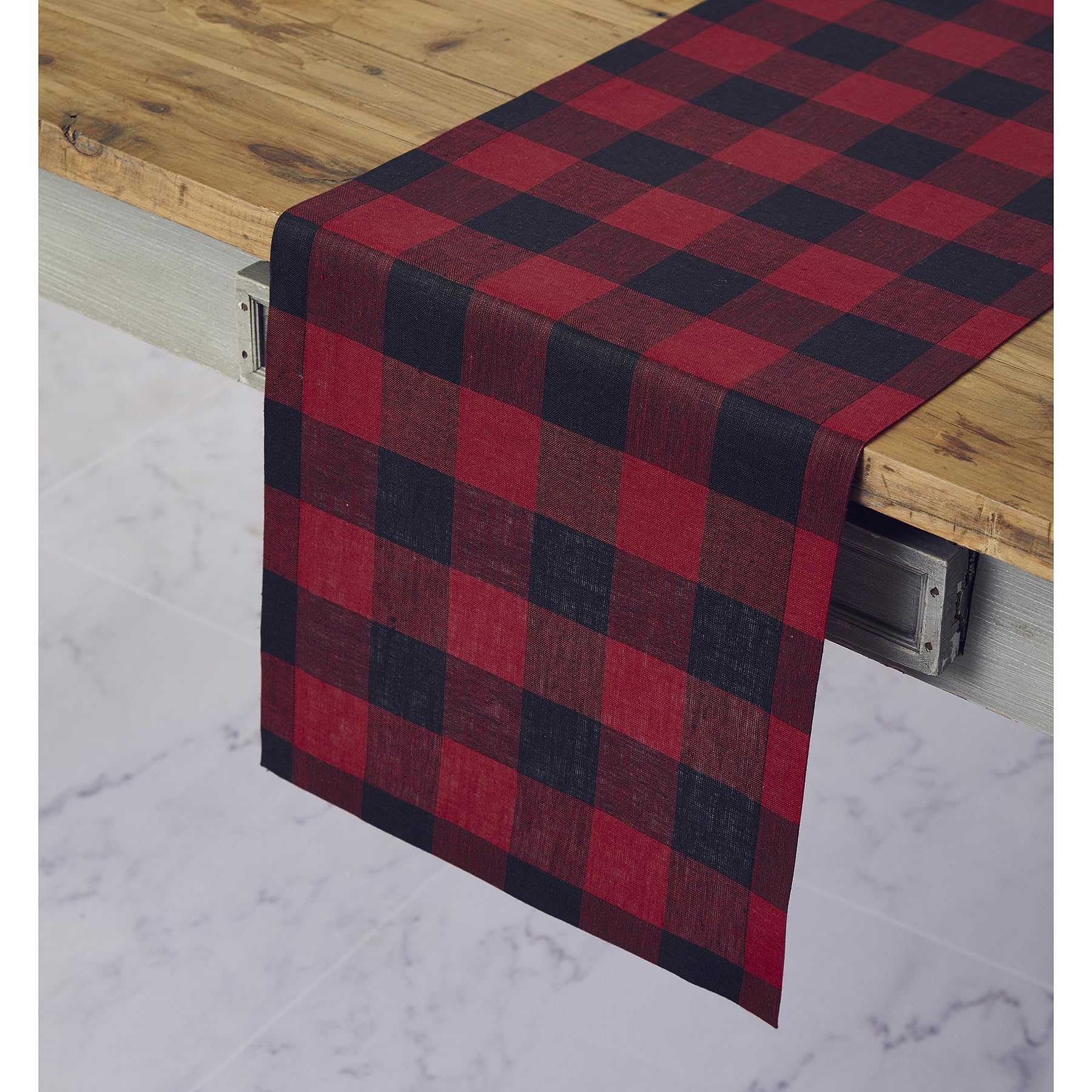 Solino Home Linen Check Table Runner 108 Inches Long - 100% Pure Linen Red And Black Buffalo Plaid Table Runner 14 X 108 Inch -