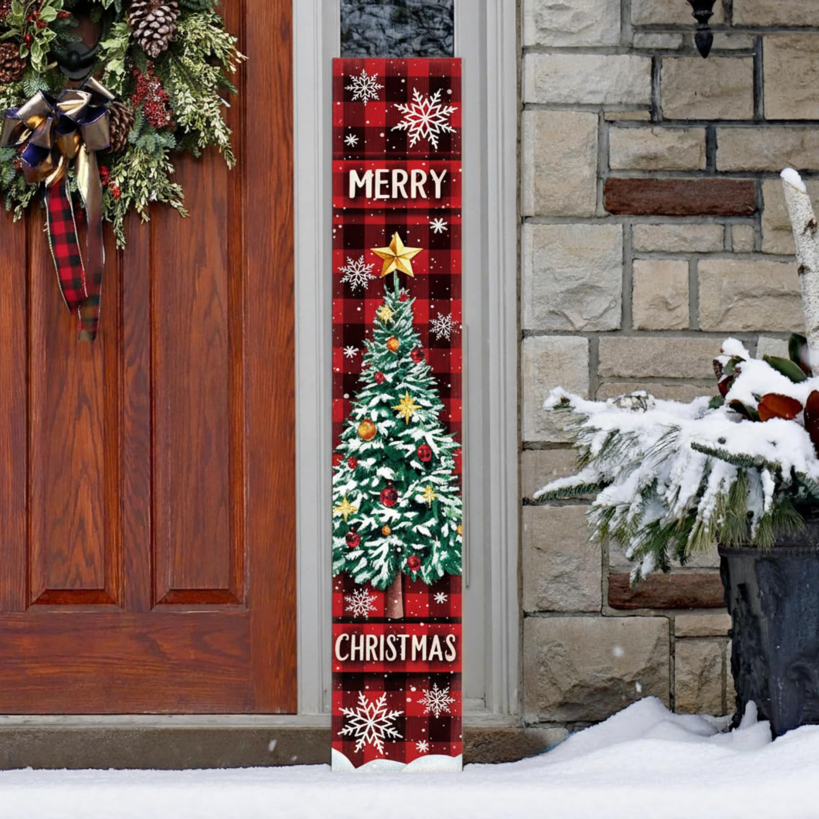 Threehoney 47 Large Christmas Porch Sign Red Buffalo Plaid Welcome Sign Wooden Tall Christmas Porch Decor Leaner Front Door Deco