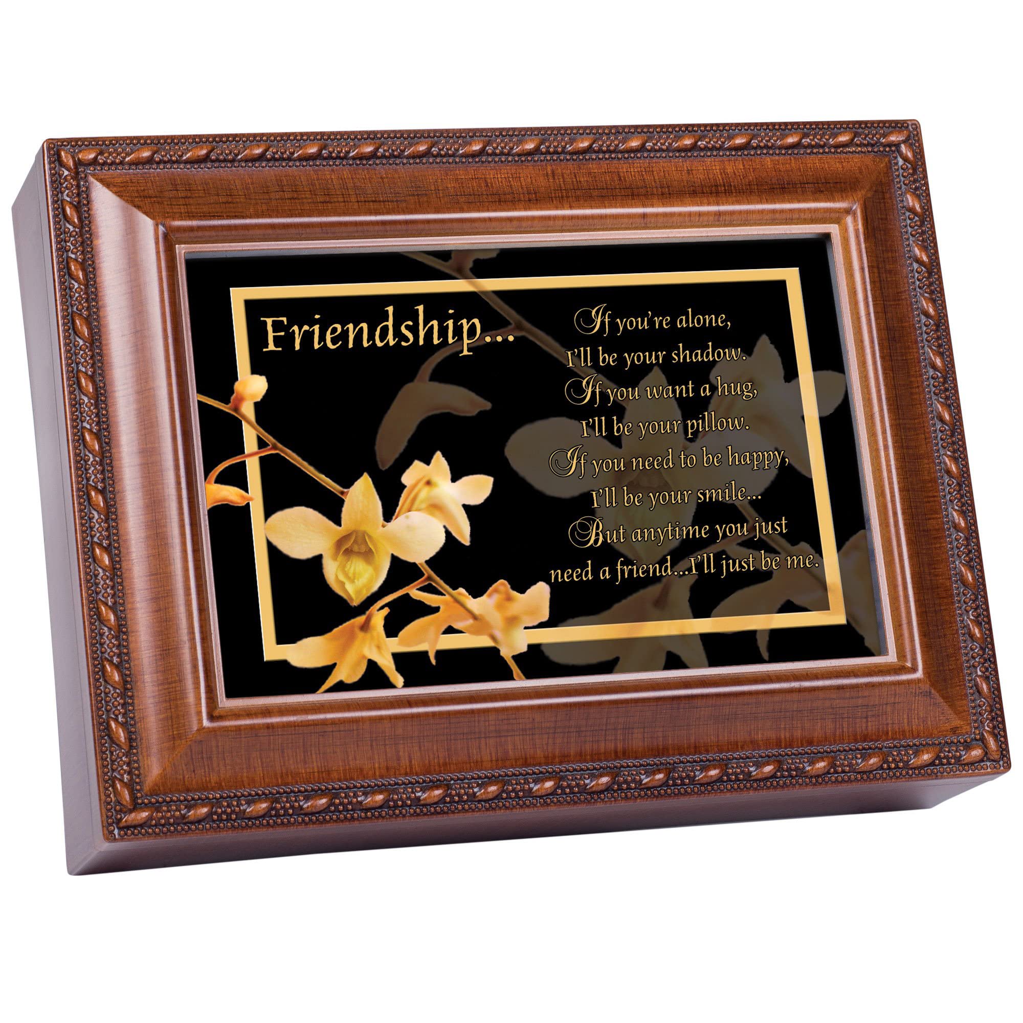 Cottage Garden Friendship Woodgrain Rope Trim Music Box Plays Friends are for