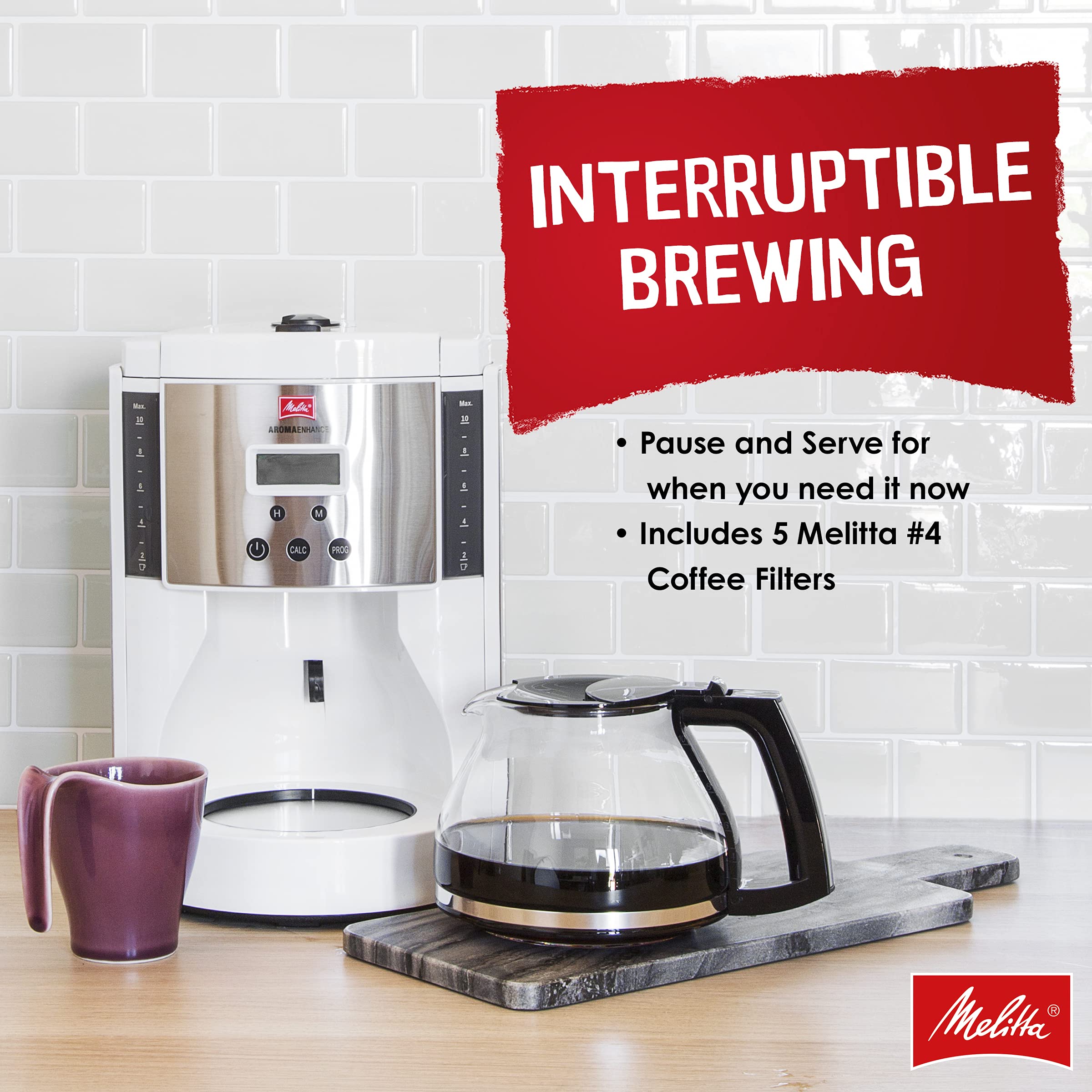 Melitta Aroma Enhance Drip Coffee Maker, With Glass Carafe, 10 Cups Capacity, White