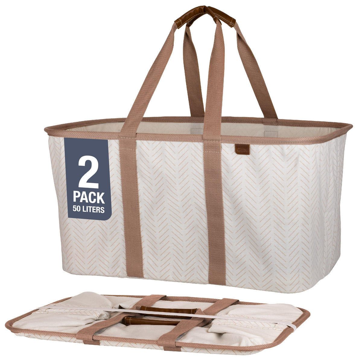 Clevermade Collapsible Laundry Tote, Luxe Cream Herringbone 2Pk - 50L (13 Gal) Premium Cotton Blend Collapsible Laundry Baskets