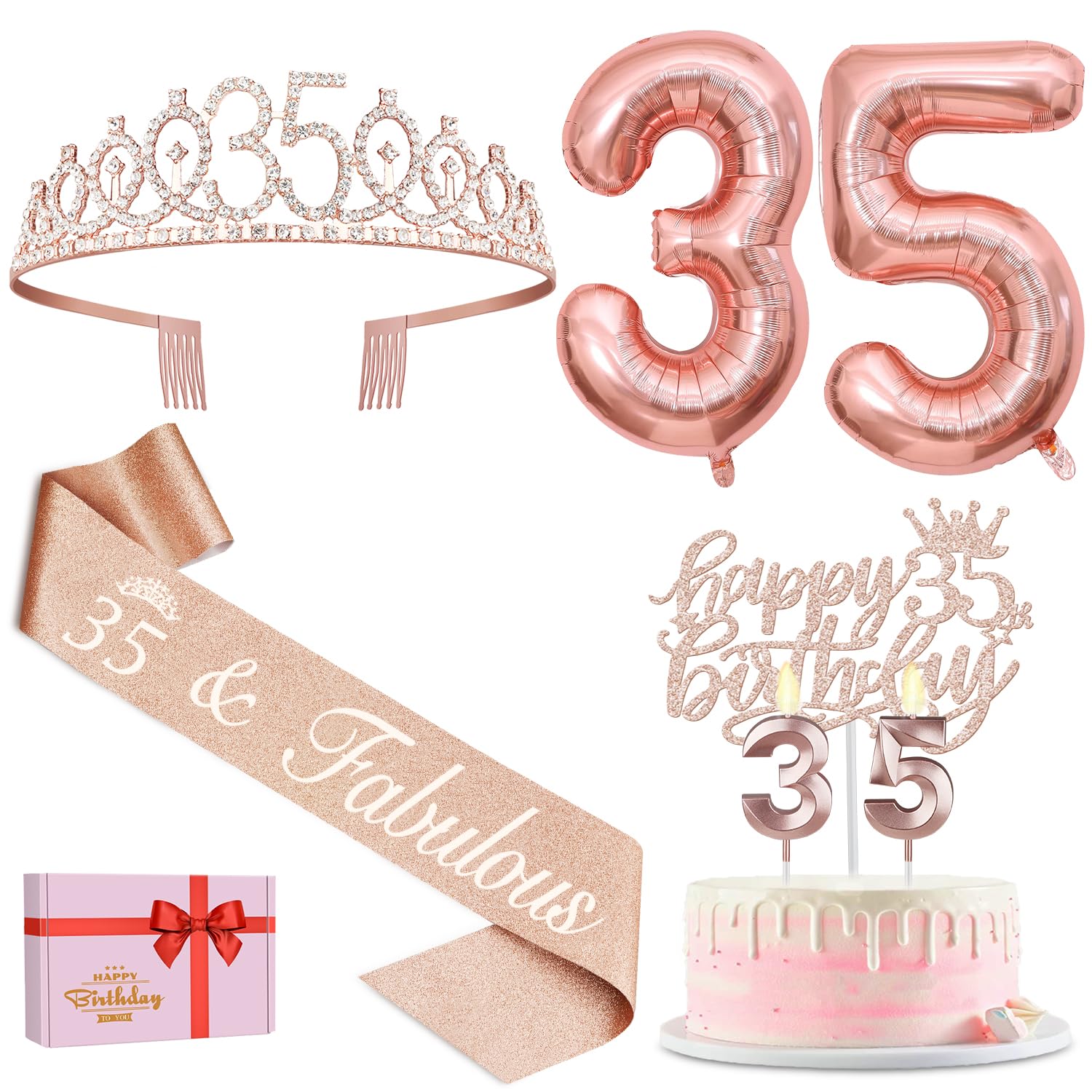 35Th Birthday Decorations For Women, Including 35Th Birthday Sash For Women, Tiara/Crown, Number 35 Candles And Birthday Cake To