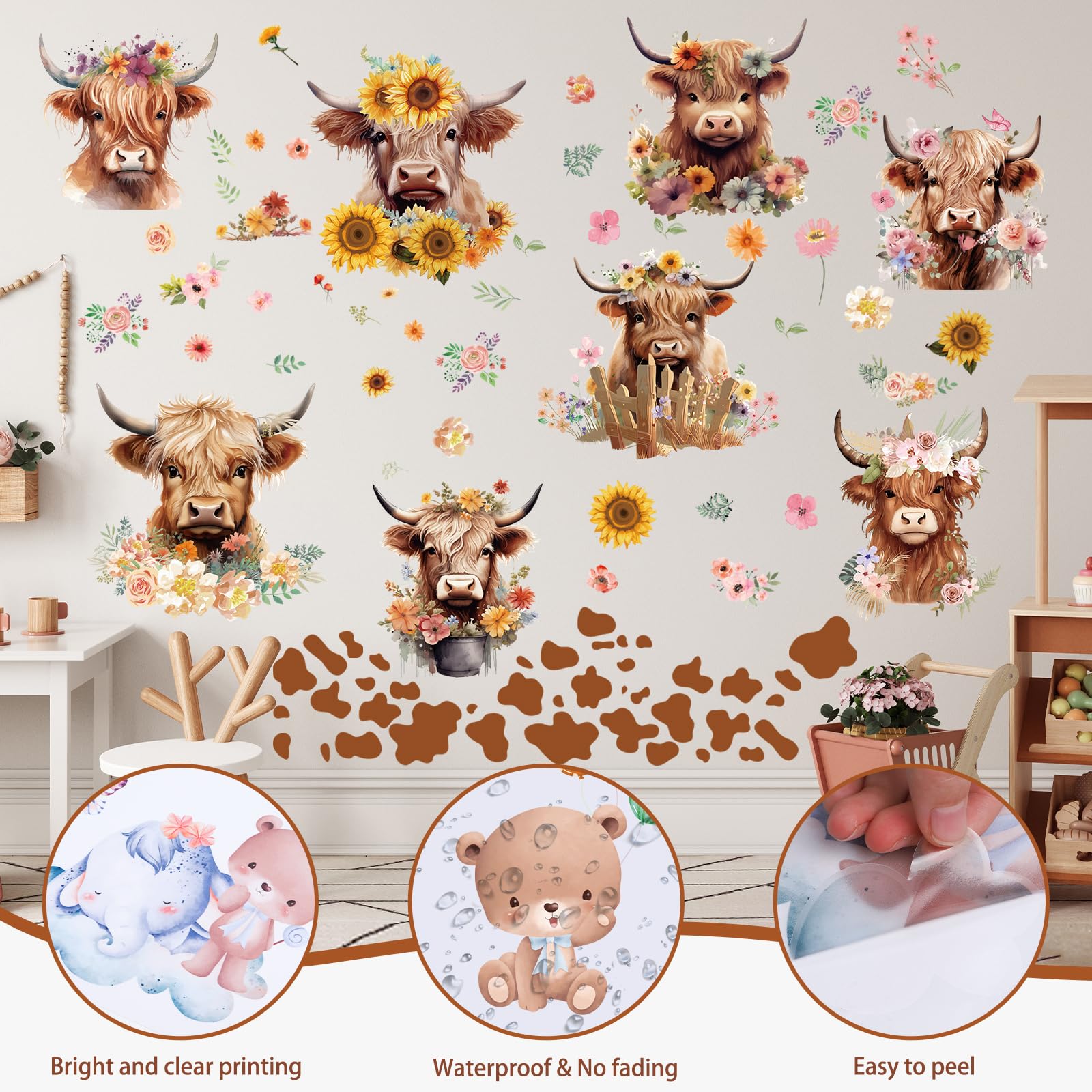 Wxiben Highland Cow Wall Decals - Cow Print Wall Stickers Decor Flower Wall Sticker Removable Floral Wall Murals Peel And Stick