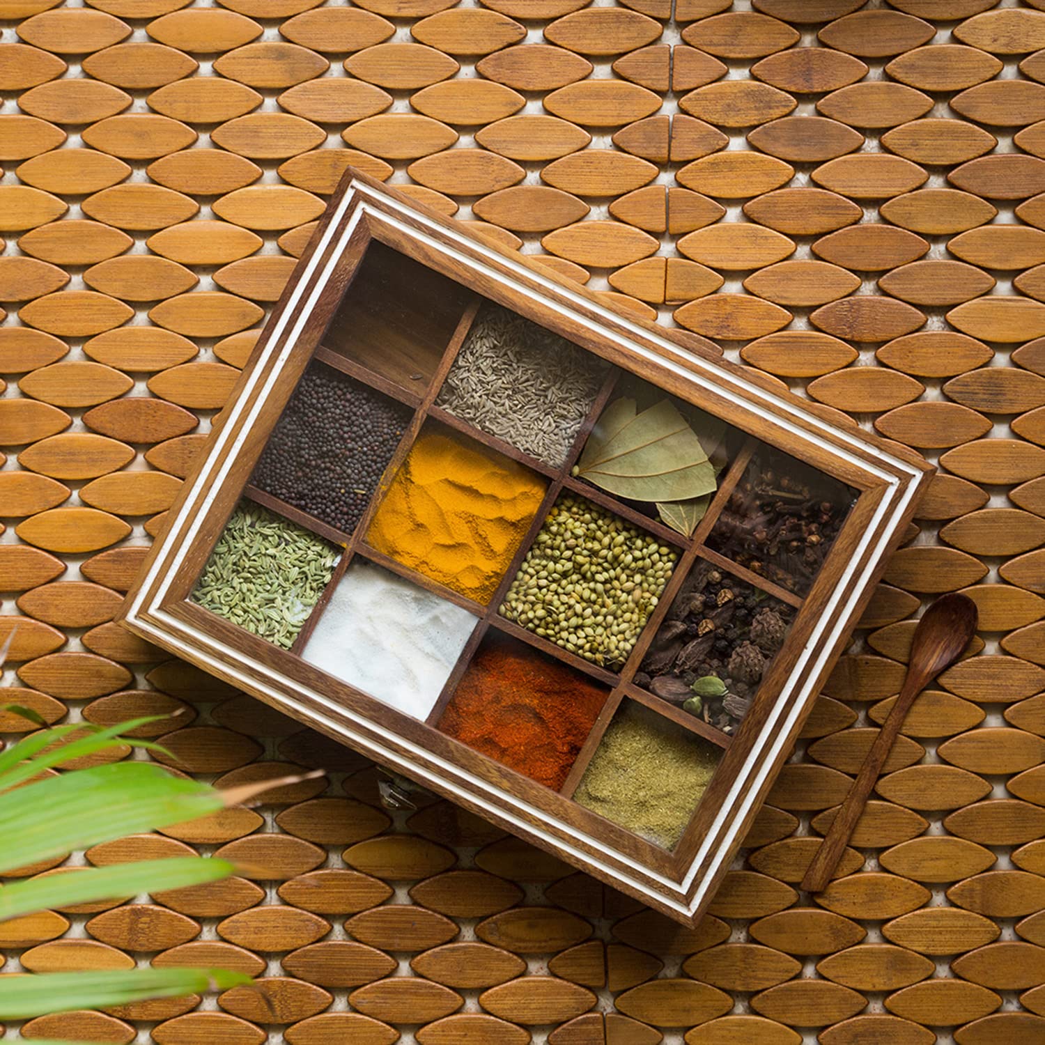 ExclusiveLane Wooden Indian Spice Box With Spoon (12 Compartments, 90 ML Each) - Masala Dabba Wooden Masala Box Namak Daani Shee