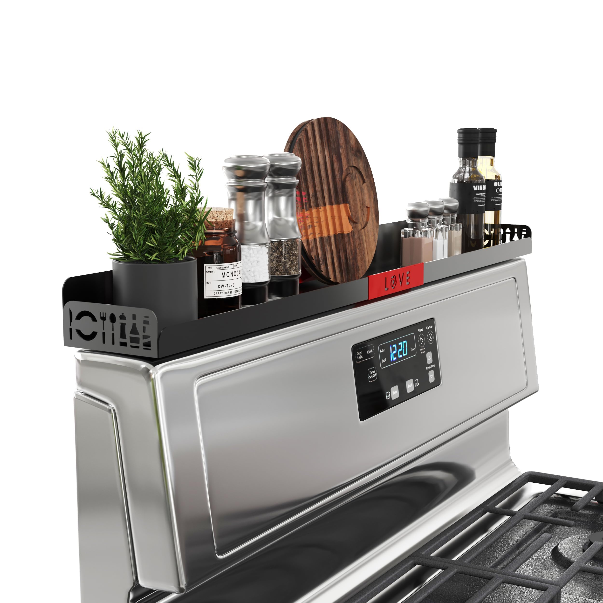 STUTOV 30 Magnetic Stove Top Shelf - Black Spice Rack with Red LOVE Design - Seasoning Organizer for Back of Stove - Over Stove 