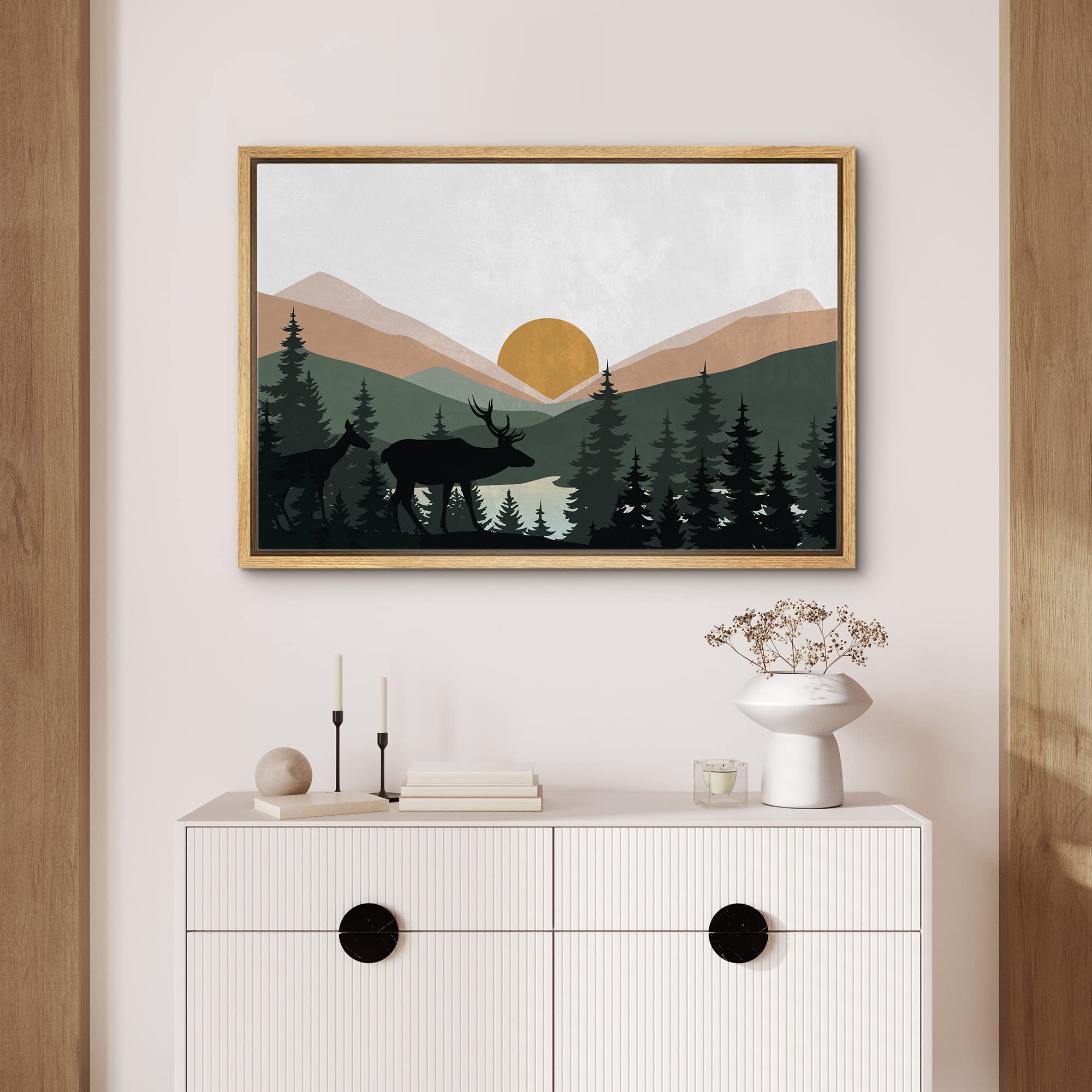 Signford Framed Canvas Print Wall Art Woodland Nursery Decor Sunlight Mountain Pine Forest Lake Nature Wilderness Art Decorative