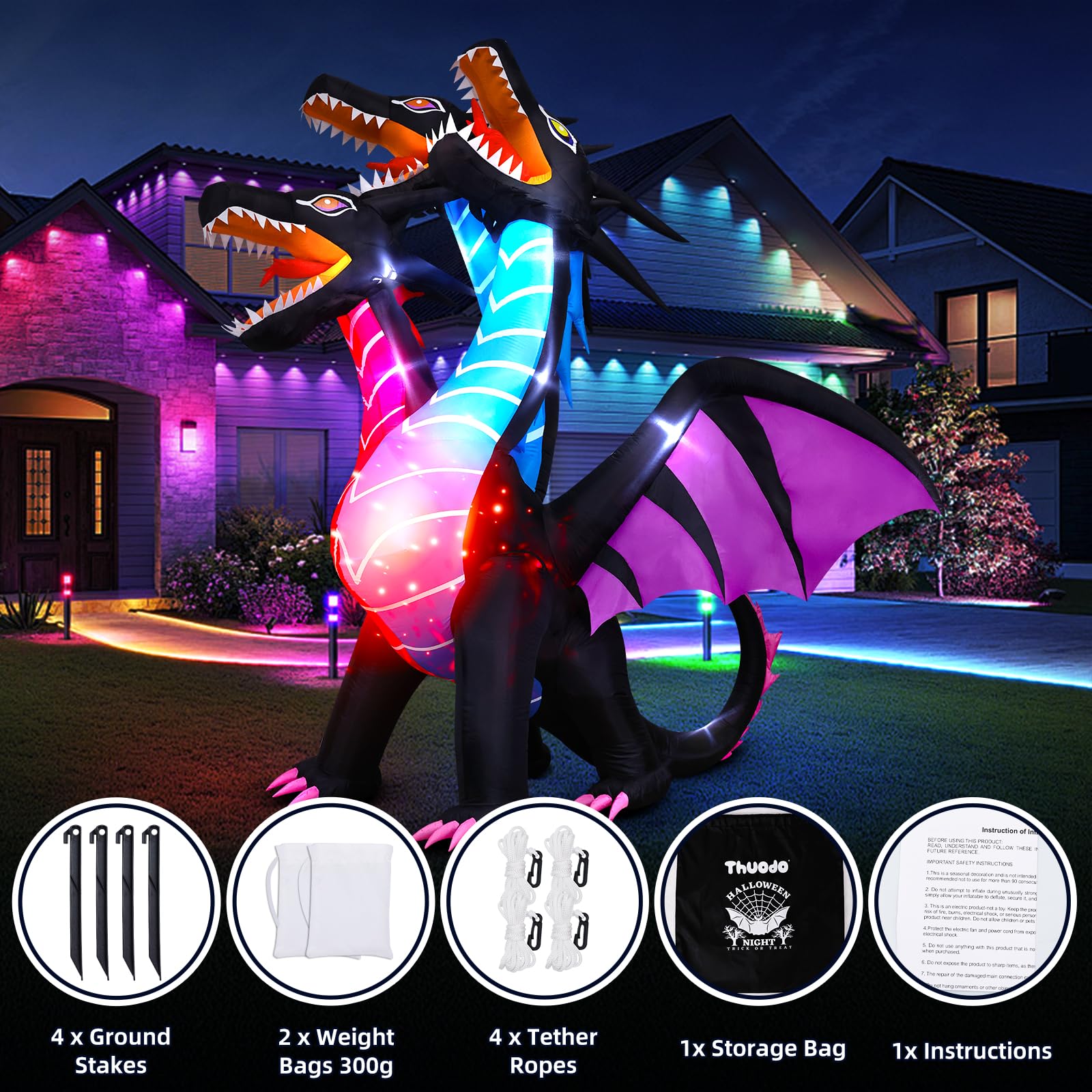 Thuodo 8 FT Tall Halloween Inflatables Dragon Outdoor Decorations Blow Up Yard Three-Headed Dragon with Built-in LEDs for Lawn G