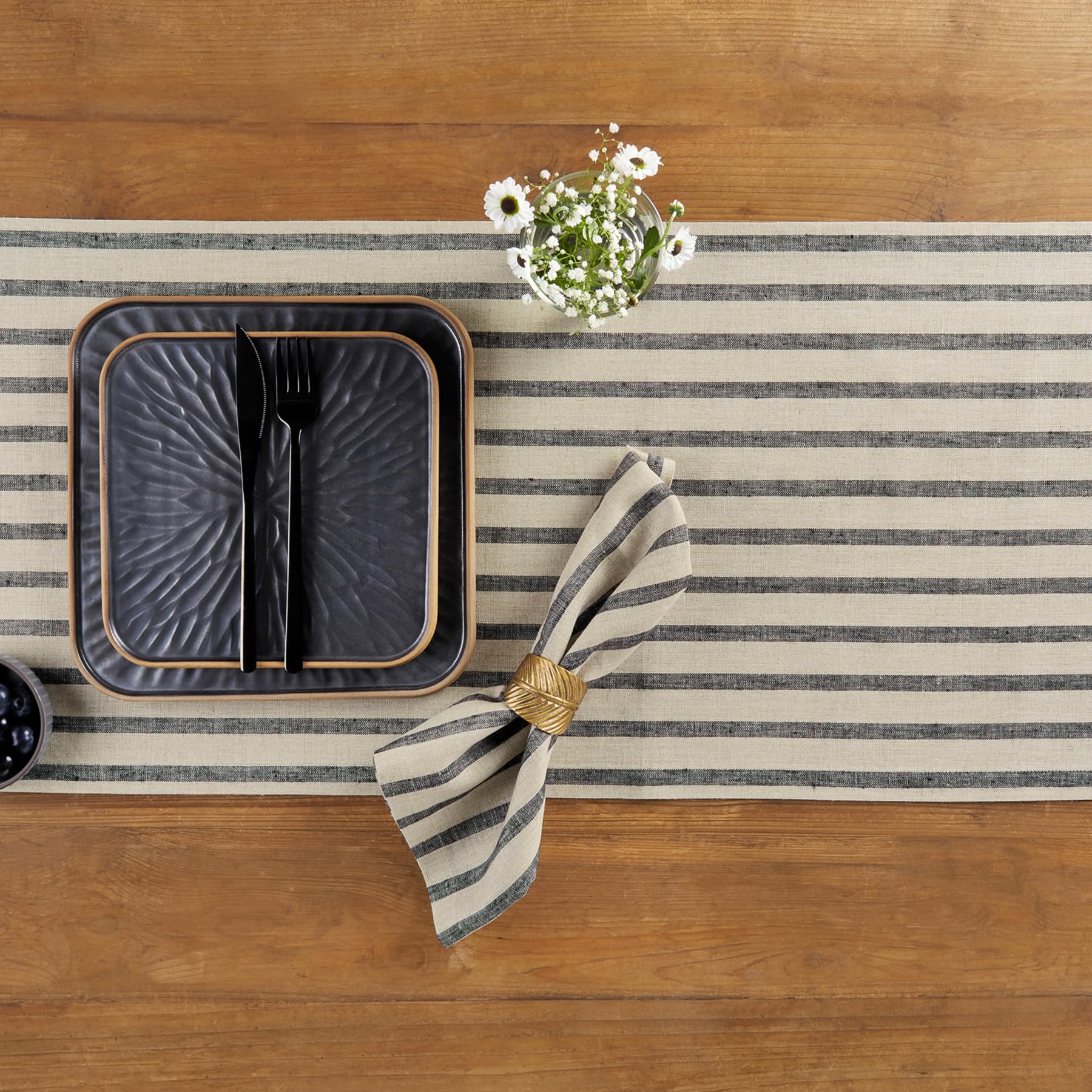 Solino Home Stripe Linen Table Runner 36 Inch - 100% Pure Linen Black And Natural Short Table Runner 14 X 36 Inch Ideal For Dres