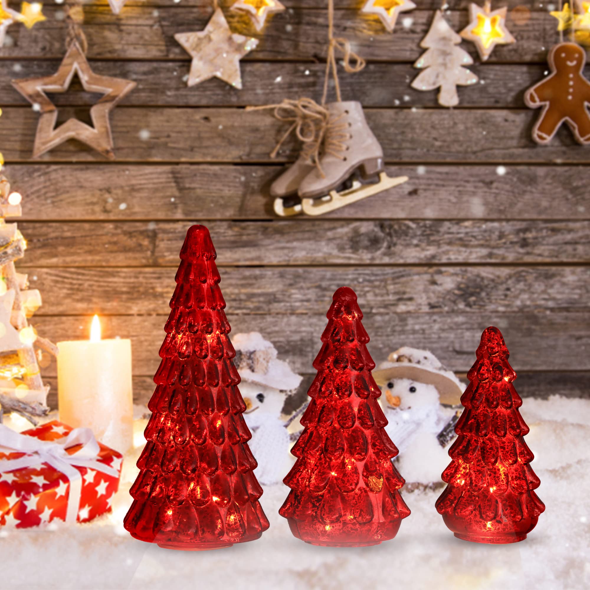 Costyleen 3PCS Christmas Ornaments Tree Set, Tower Shaped Glass Xmas Tree, Mercury Glass Tabletop Christmas Tree Decoration with