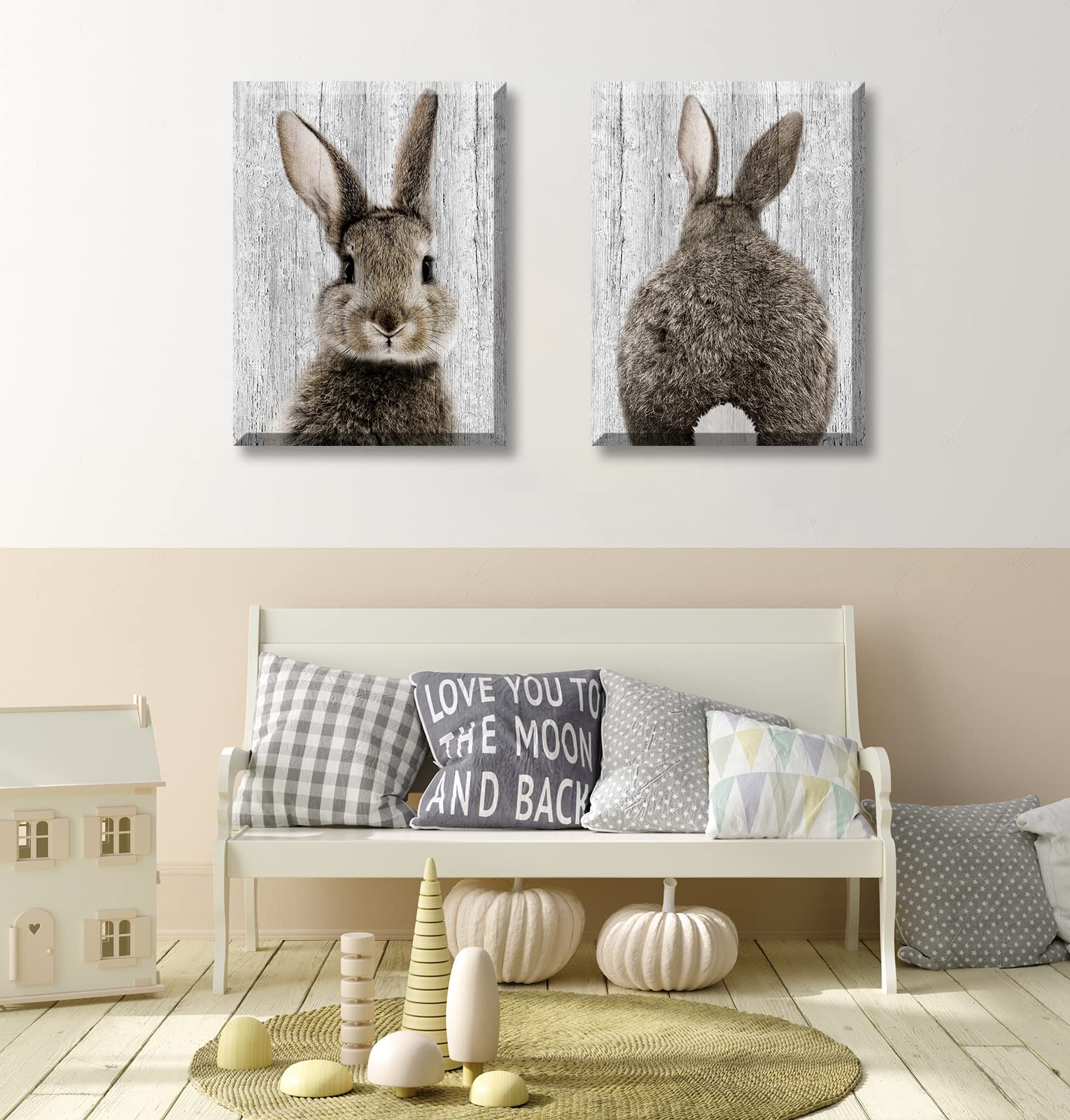 BLINFEIRU Nursery Decor Bunny Canvas Wall Art Brown Lovely Rabbit Posters for Baby Kids Room Decorative Pictures Natural Cute Animal Artwork Framed Ready to Hang 12''X16''X2