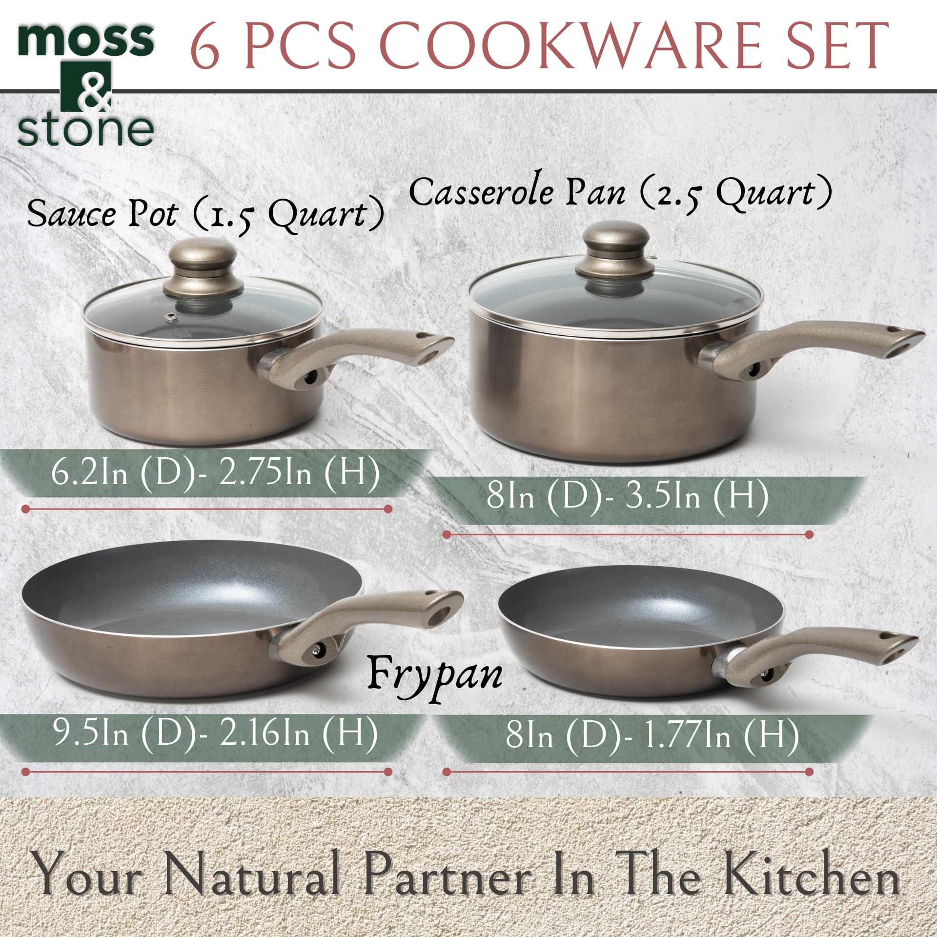 Moss & Stone 6 Piece Nonstick Cookware Set, Pots And Pans Set Non stick With Glass Lid, Induction Cookware, Stay-Cool Handles, P