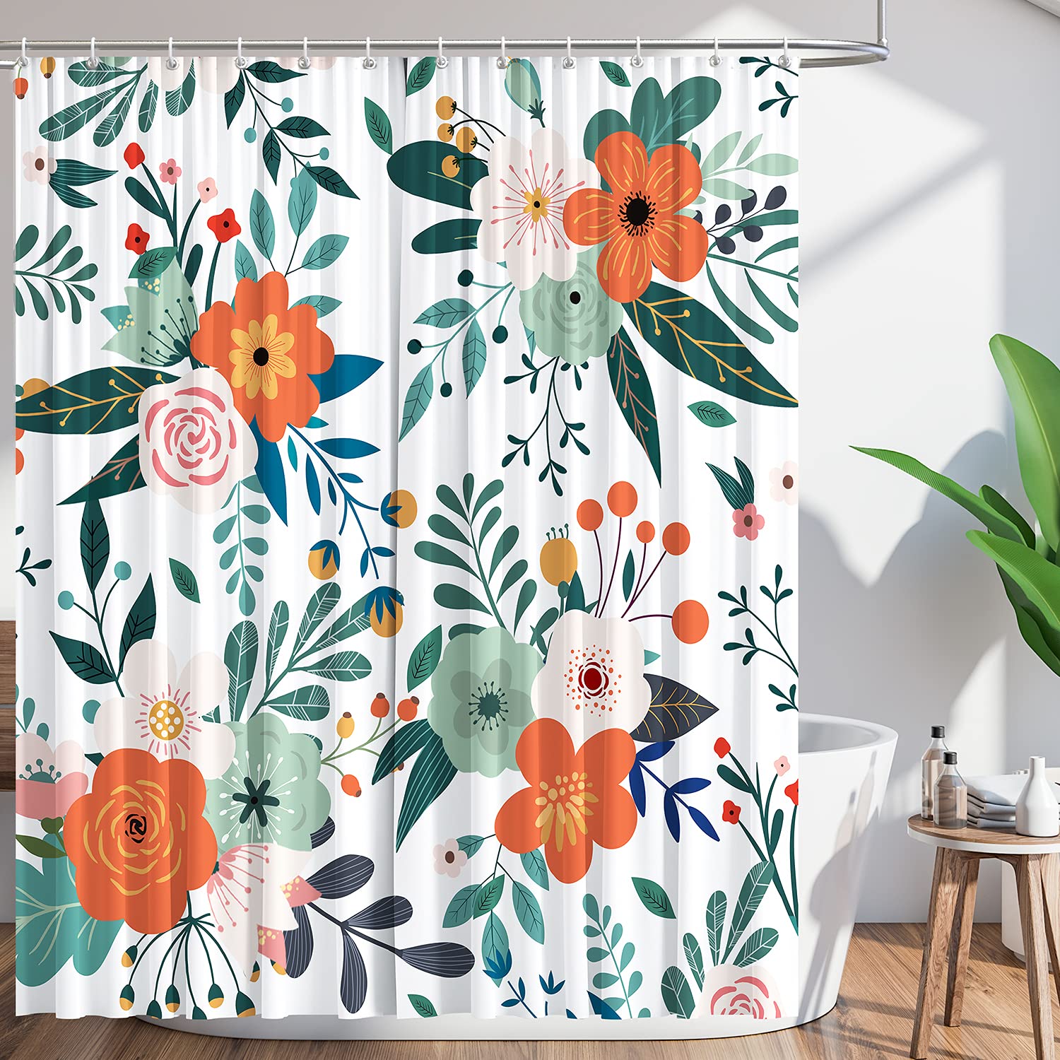 Lokigo Shower Curtain Floral Waterproof Weighted Fabric Shower Curtain Set With Hooks, Colorful Boho Orange Pink Flower Shower C