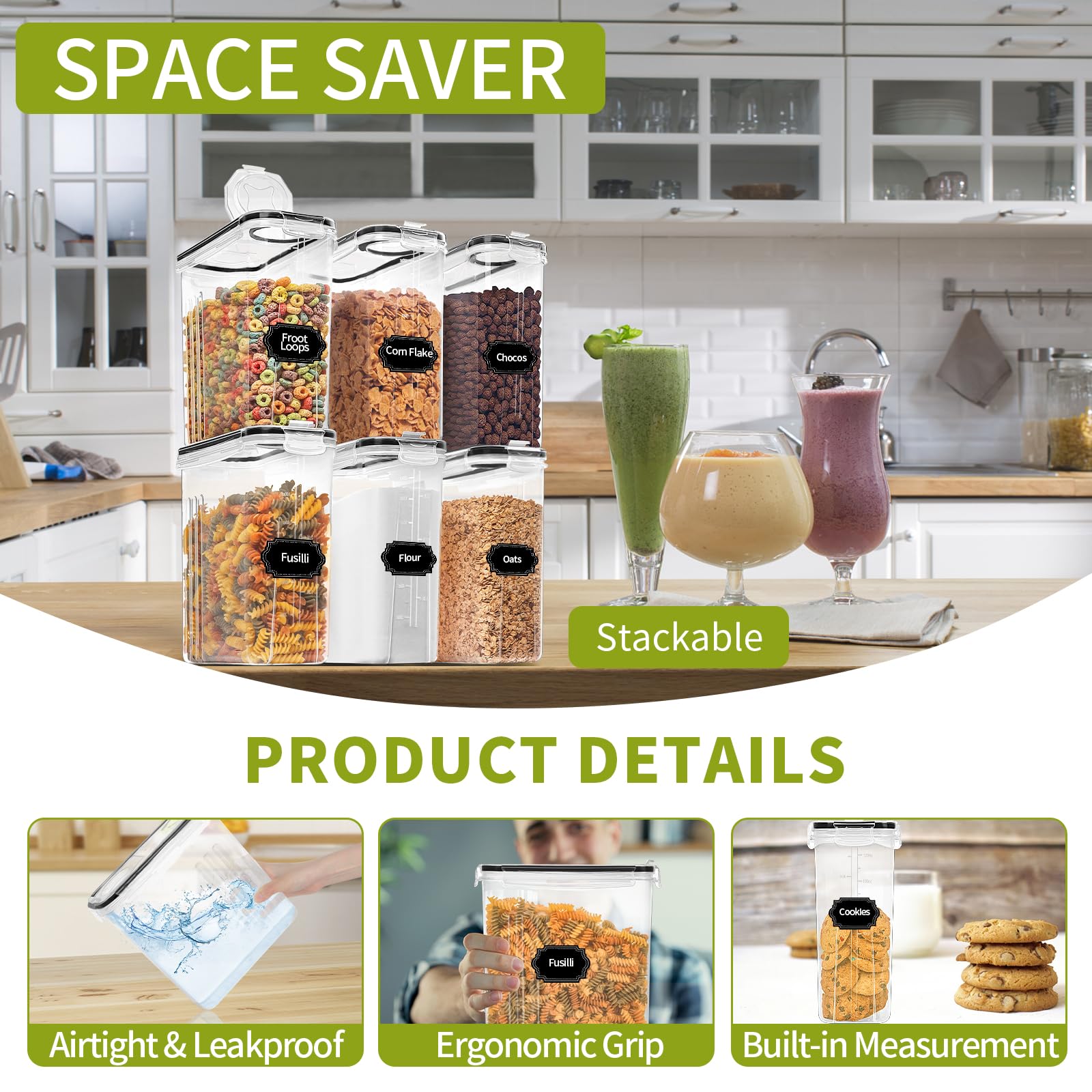 Skroam Cereal Containers Storage Of 6 [4L/135.2 Oz], Airtight Food Storage Containers With Lids, Plastic Cereal Dispensers For K