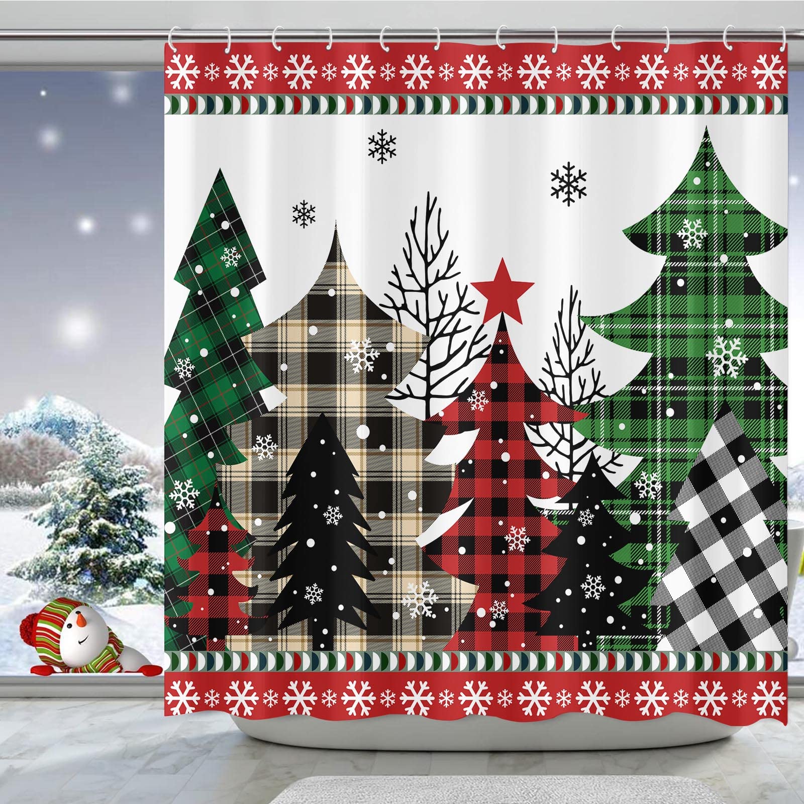Zussun Christmas Shower Curtain Red And Green Buffalo Plaid Tree Winter Snowflake Waterproof Fabric Shower Curtains For Bathroom