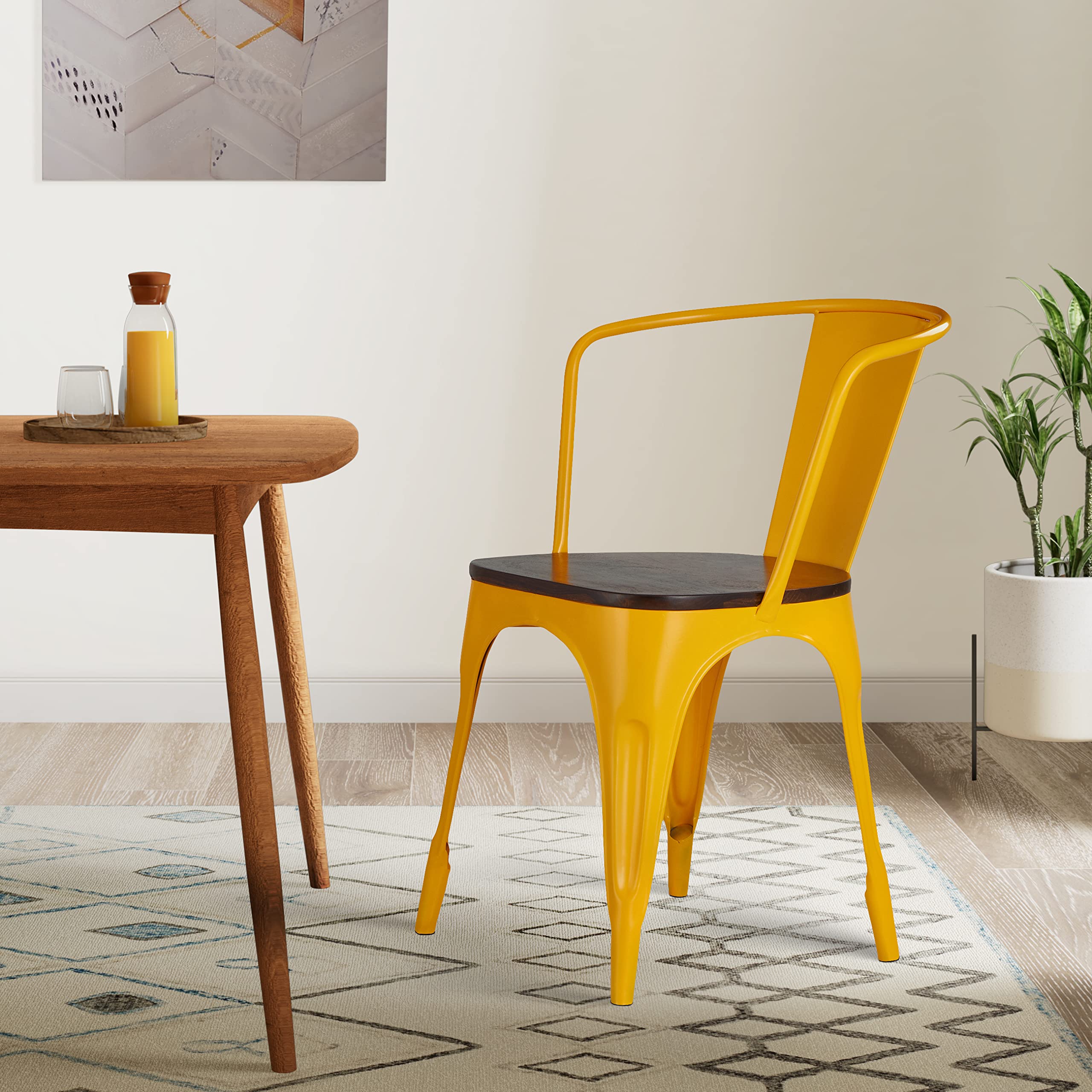 Amazon Brand  Solimo Fexgoth Chair With Wooden Seat (Iron, Yellow, 1 Piece)