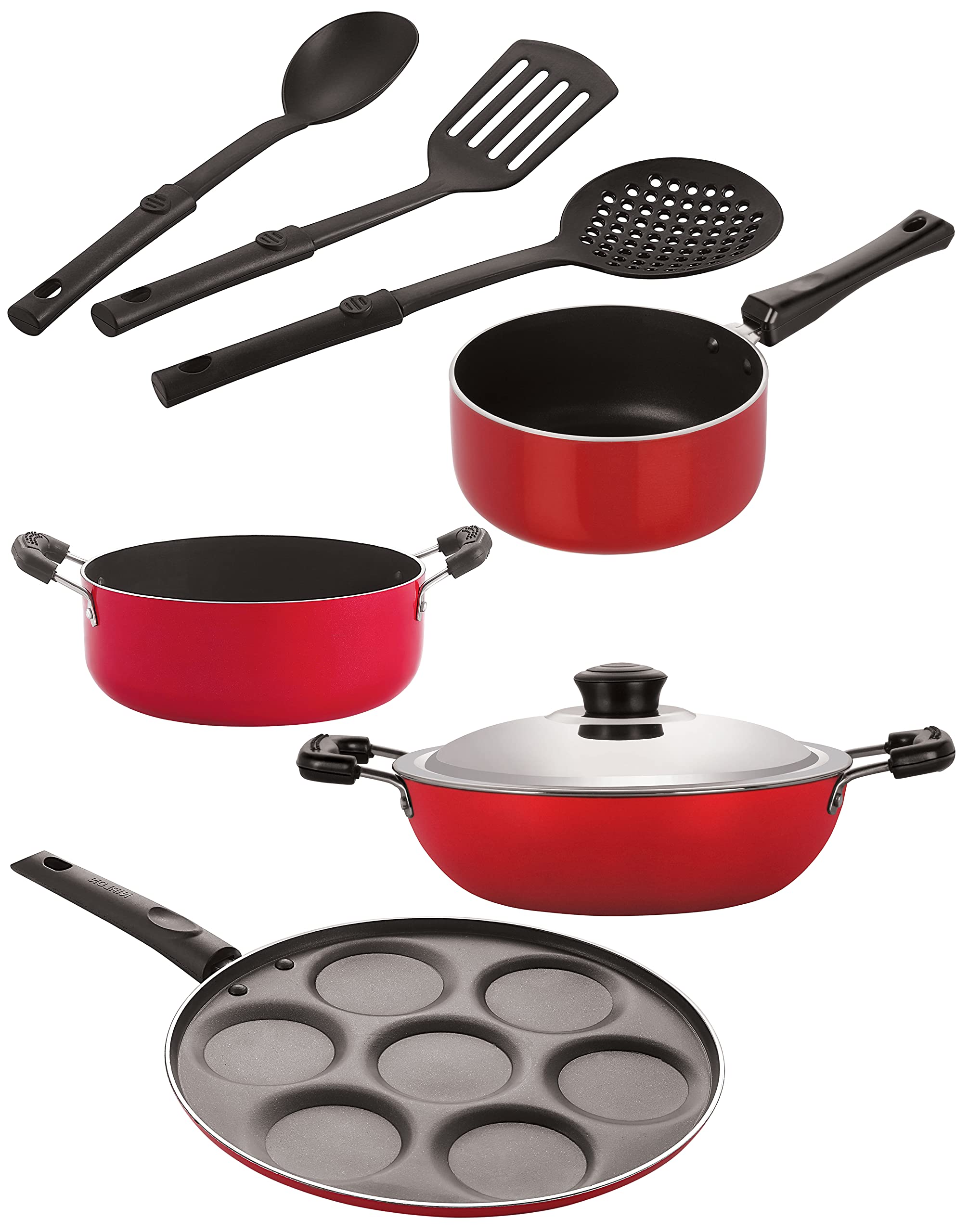 Nirlon Nonstick Coated Aluminium 7 Pcs Set Of Deep Kadhai22Cm,Sauce Pan16Cm,Casserole22Cm,Uttapam7 Cavity & 3 Spoon (2.6Mm_D